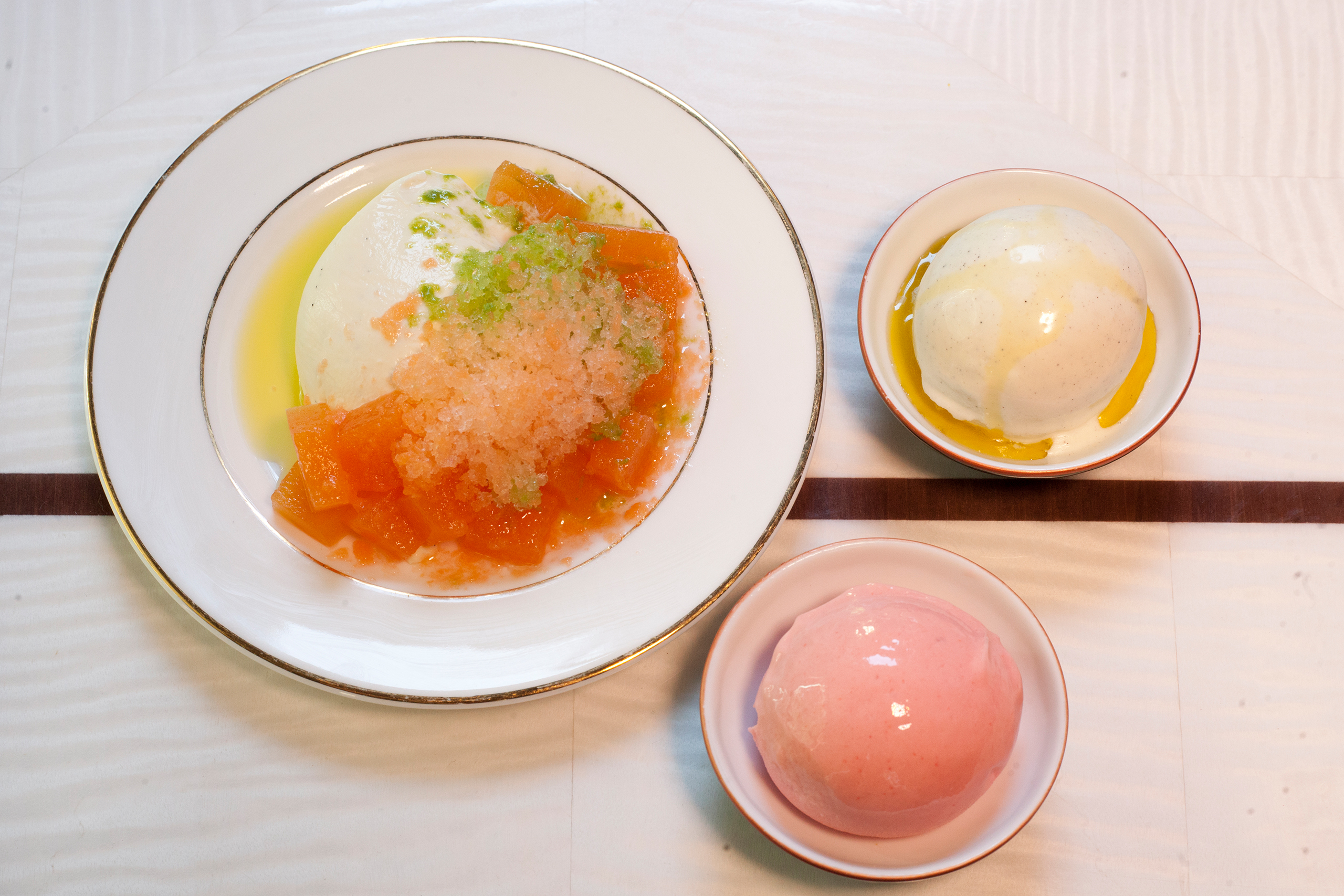 ‘Polite but lovely puddings’: panna cotta and milk gelato with olive oil and rhubarb gelato