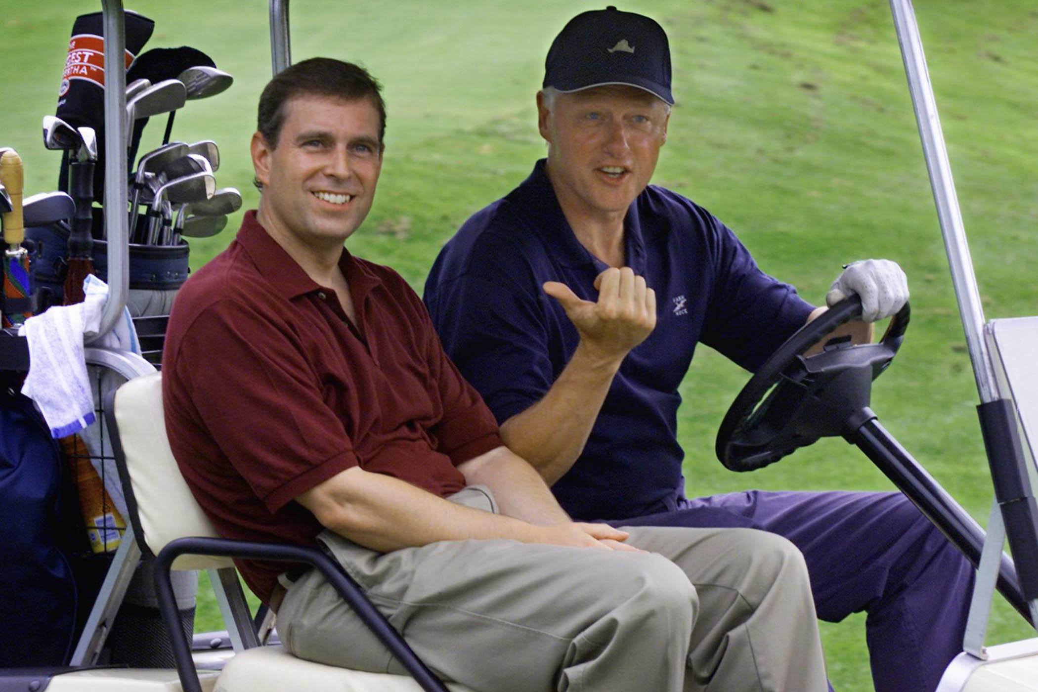 The former prince with the former US president on a golf buggy in Martha’s Vineyard in August 1999