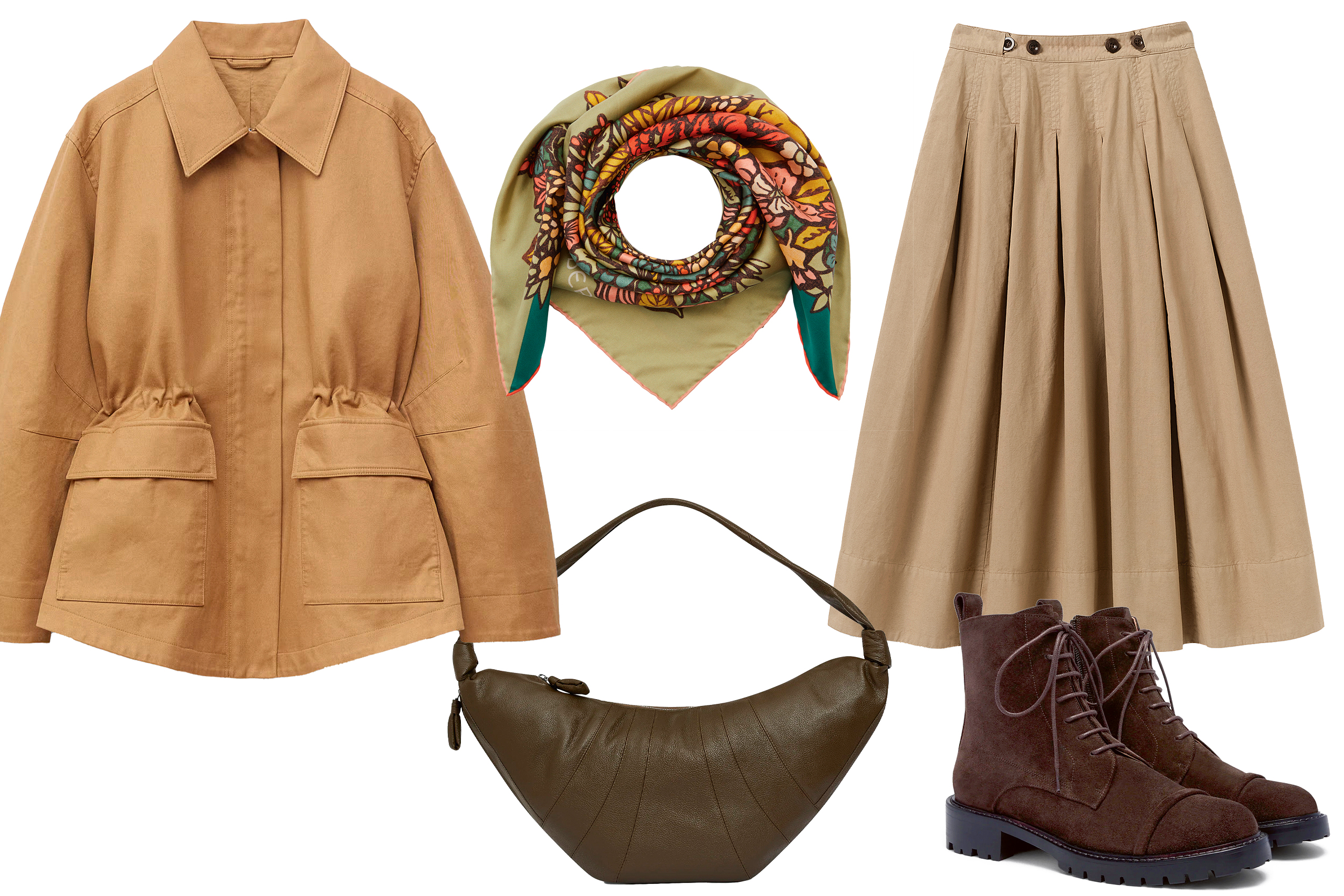 Layer up: drawstring jacket, £139, & Other Stories; silk scarf, £245, Liberty; poplin skirt, £185, Toast; croissant bag, £1,265, Lemaire (Dover Street Market); and suede combat boots, £765, Malone Souliers