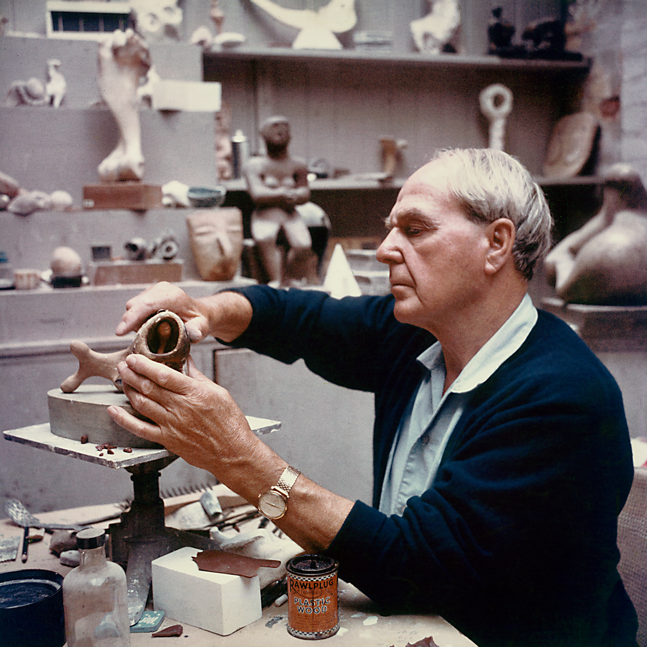 Moore working in his maquette studio in Perry Green, 1968