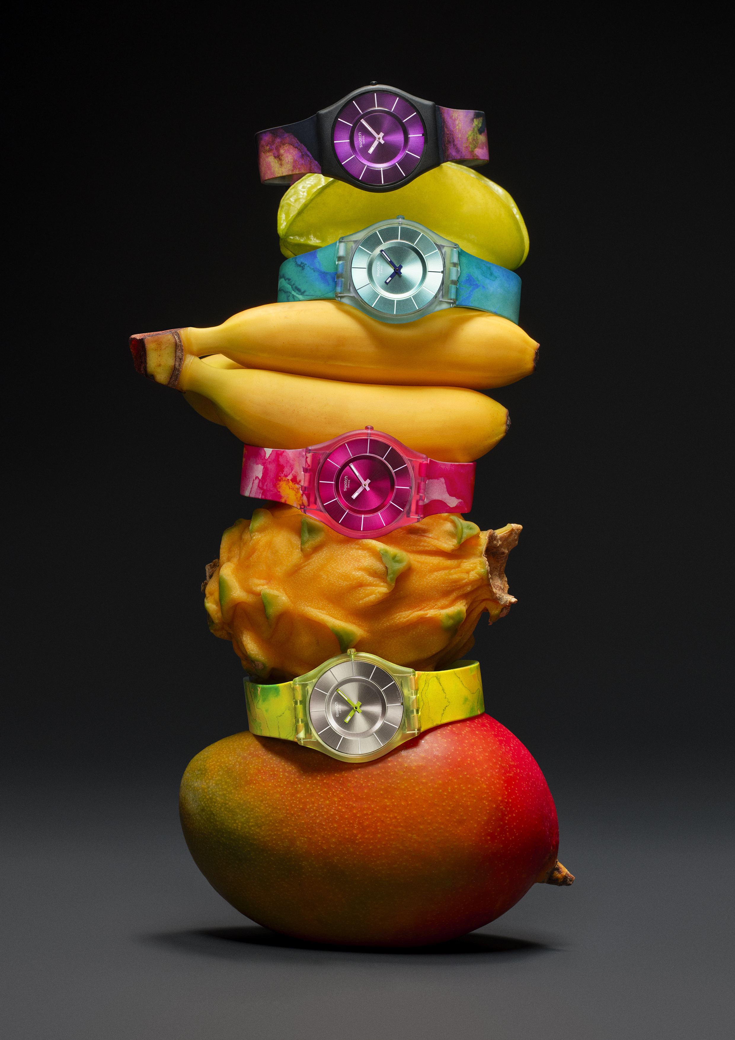 Totally tropicalEach model in Swatch’s Painted Paradise collection features a unique colour palette inspired by natural elements – think turquoise waves, lush green canopies, exotic blooms and tropical fruits. The collection builds on the brand’s iconic Swatch Skin family, first introduced in 1997 and known for its minimalist design and ultra-light construction. Staying true to that DNA, the new models combine slim profiles with bold, tropical-inspired palettes designed for spring and summer, adding a pop of colour to any look£106, Swatch