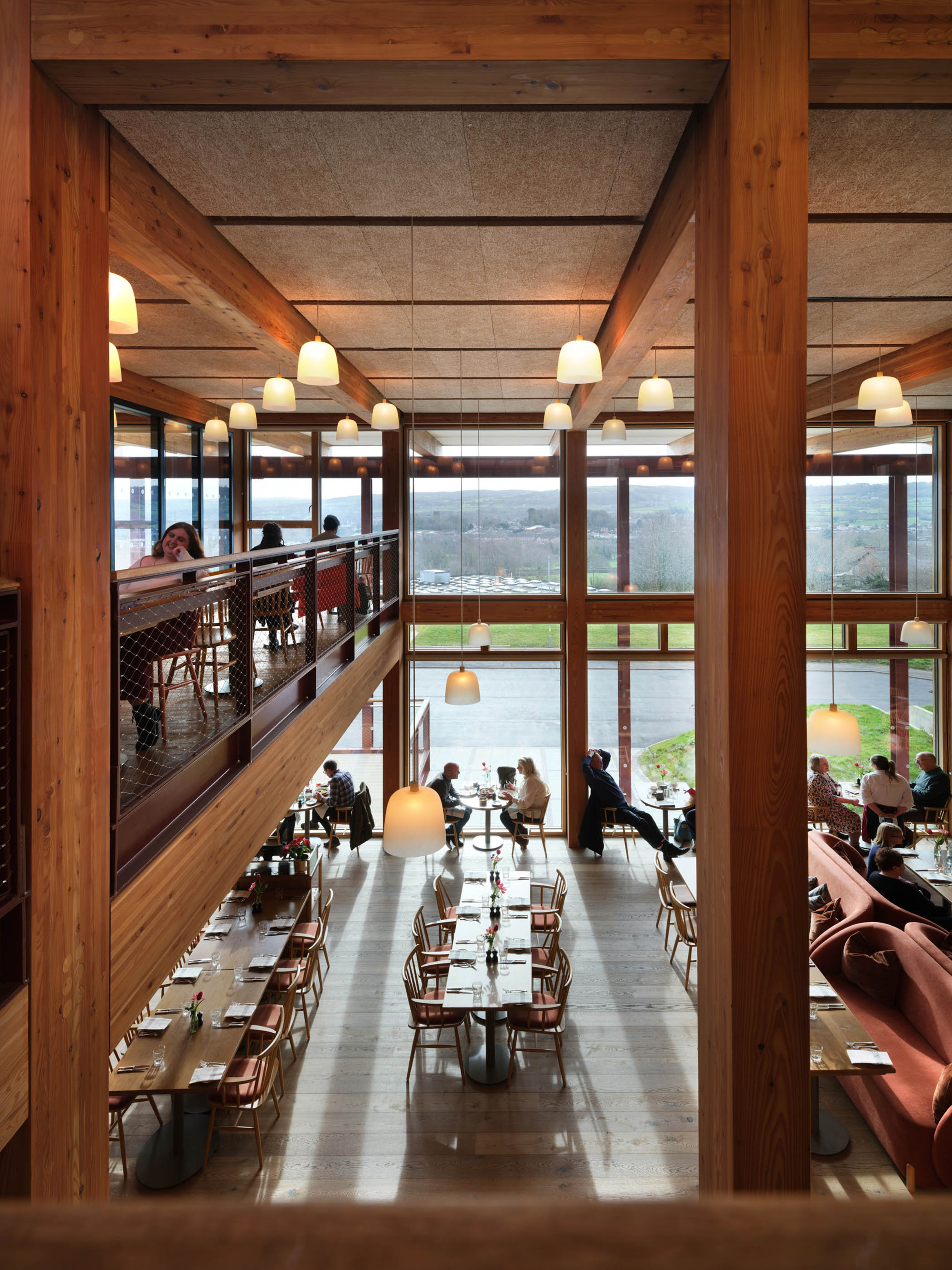 The timber-framed foyer housing a cafe and restaurant