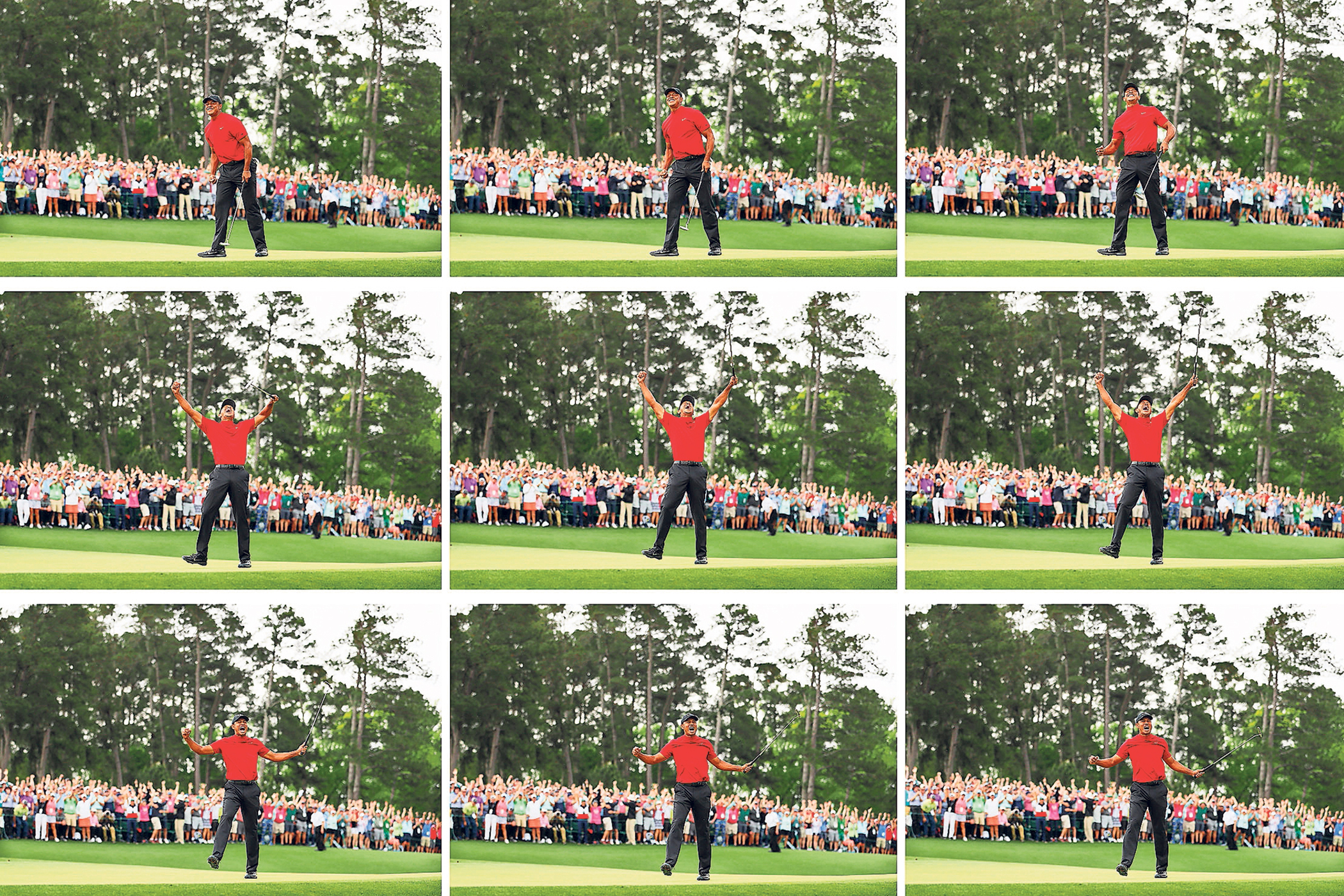 Tiger Woods celebrates after sinking his putt on the 18th green to win during the final round of the Masters at Augusta National Golf Club on 14 April 14 2019