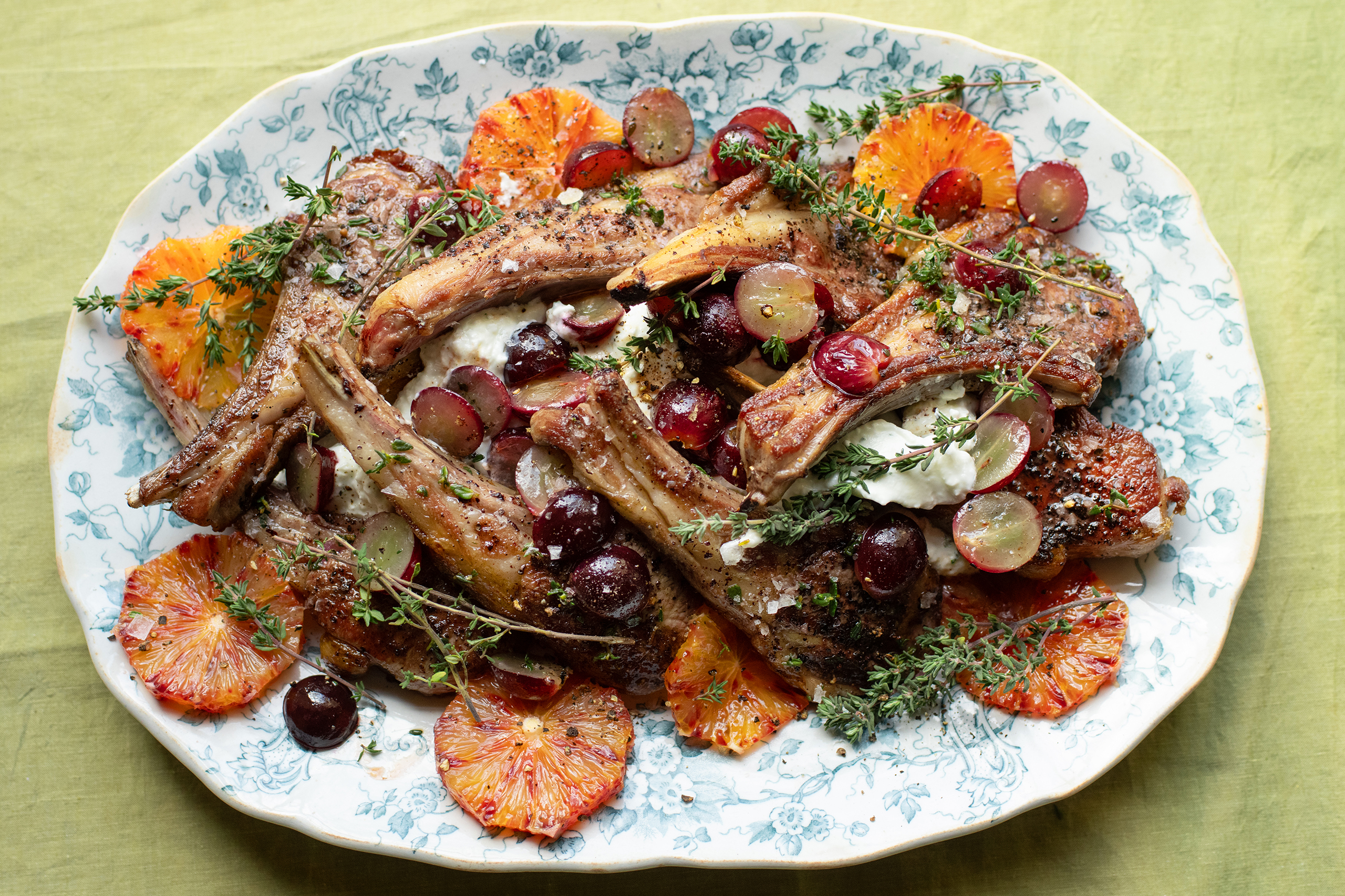 ‘Few things will bring me to the table more quickly than the smell of grilled lamb, thyme and smoke’: cutlets, blood orange, grapes, feta