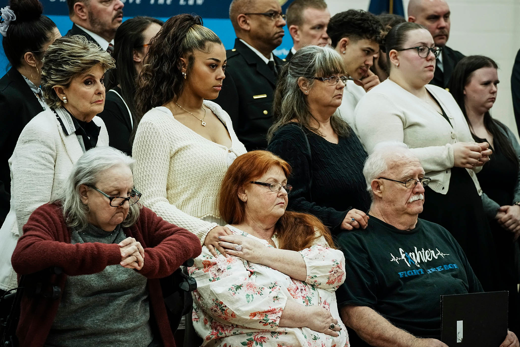 Relatives of Rex Heuermann’s victims attend a press conference held by the Suffolk County District Attorney after the killer’s guilty plea on 8 April 