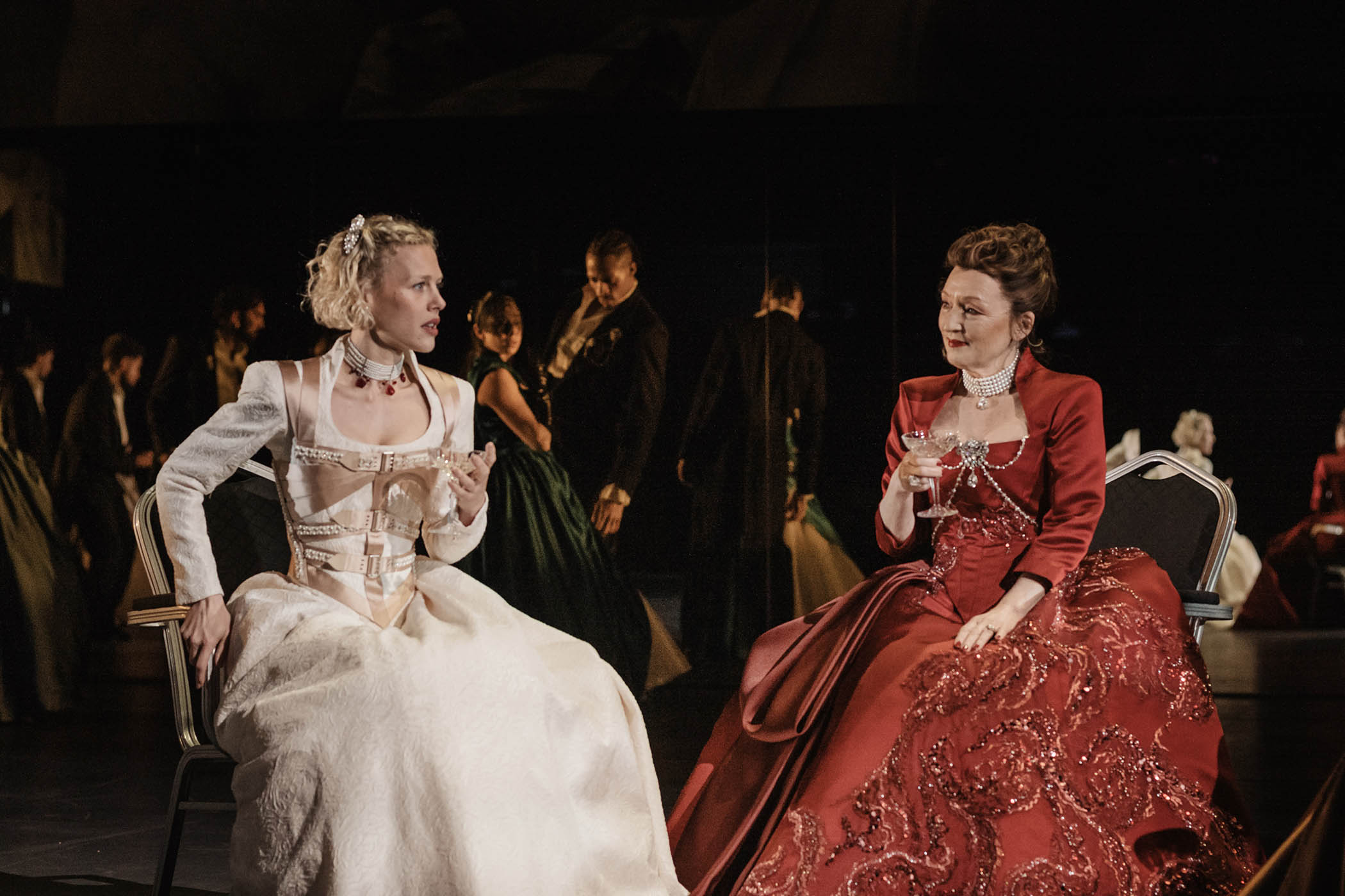 ‘The power between the women pivots’: Hannah van der Westhuysen, left, and Lesley Manville, ‘magnificent in scarlet’ as the Marquise. Main image: Aidan Turner