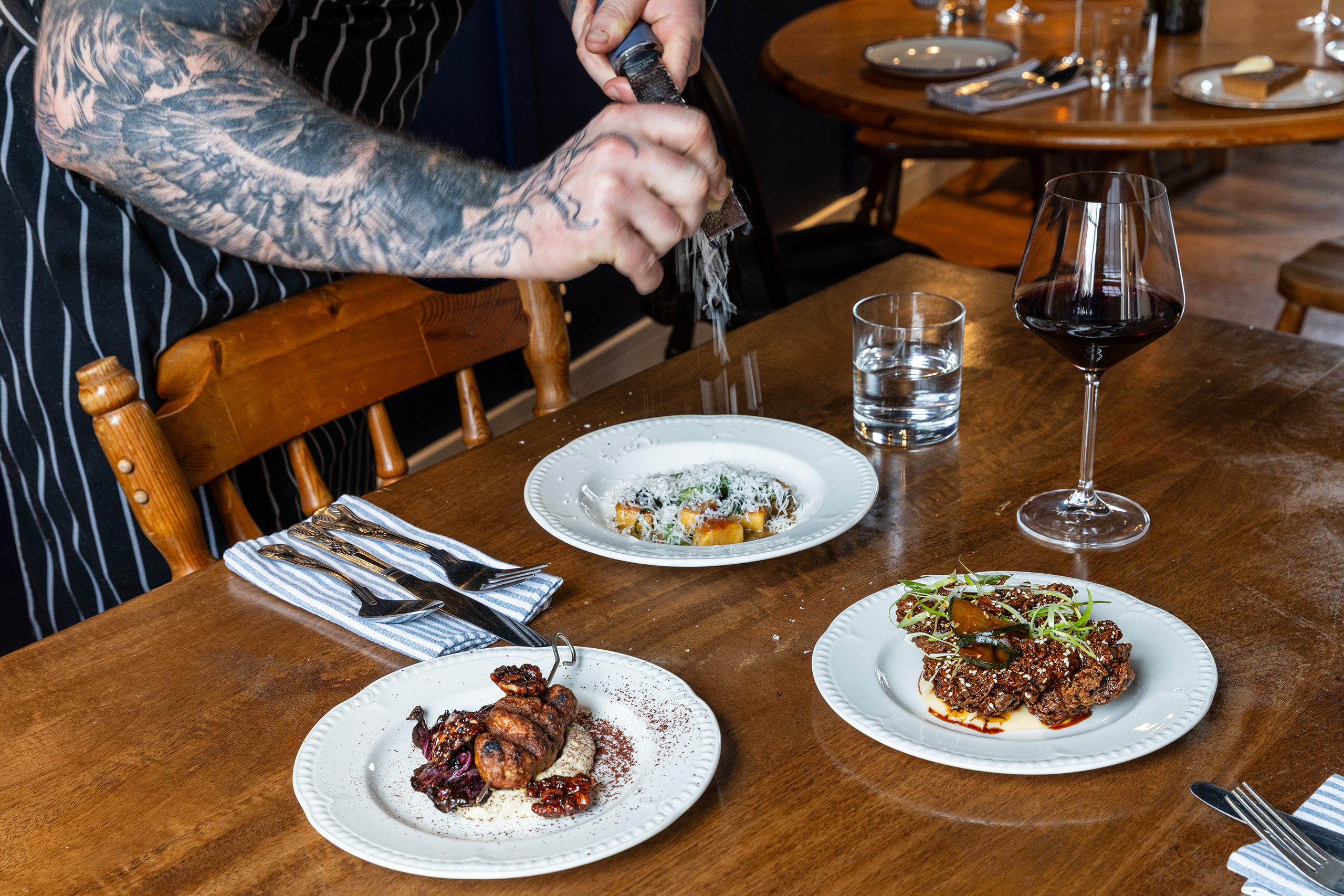 ‘Danny the driver wasn’t wrong, Hearth is great’: small plates of gnudi, asparagus, wild garlic and miso emulsion; szechuan honey-fried chicken; and BBQ duck kofta with aubergine yogurt