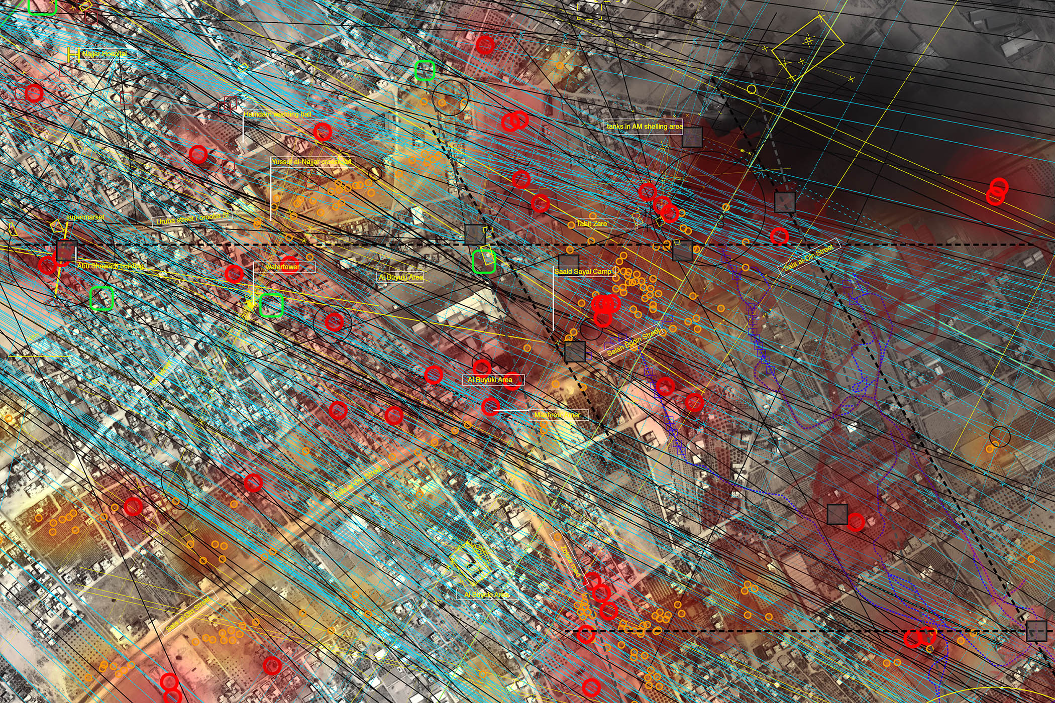 Bomb craters, tank paths and possible tunnel locations mapped onto a satellite image of eastern Rafah