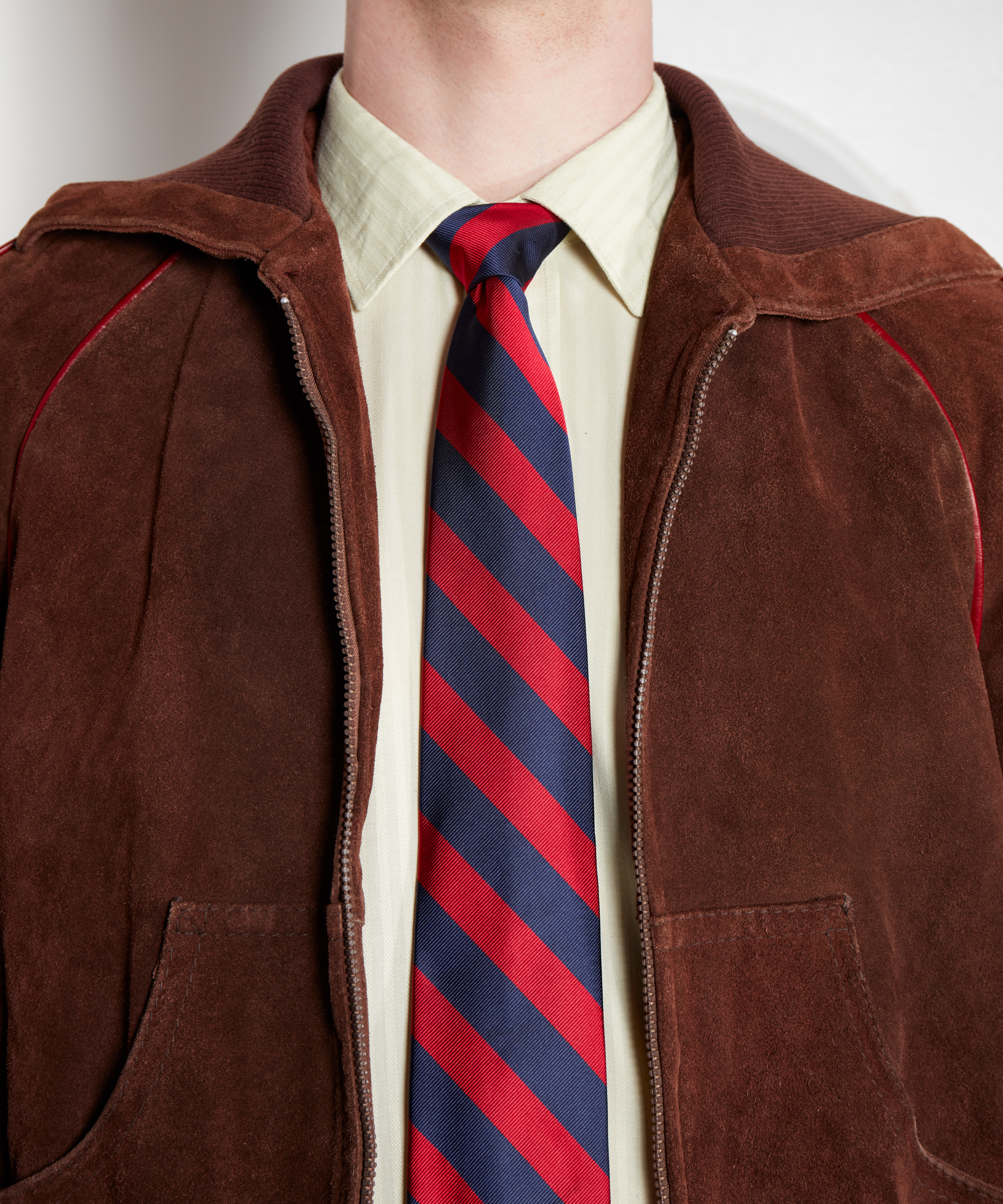 Red and navy tie, Polo Ralph Lauren; suede jacket and lemon stripe shirt both Rokit