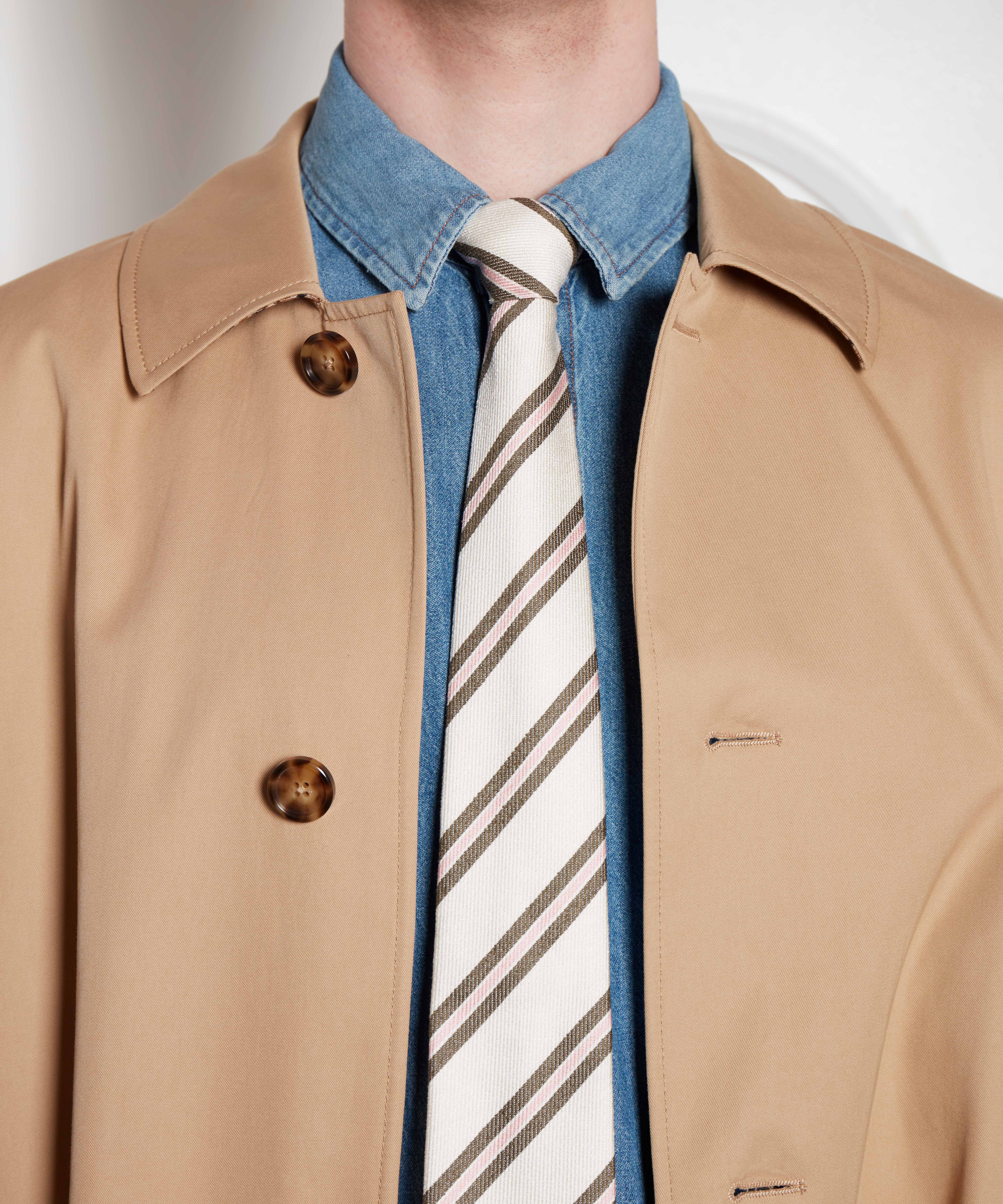 Pink, grey, cream tie, Moss; car coat, M&S; denim shirt, Gap