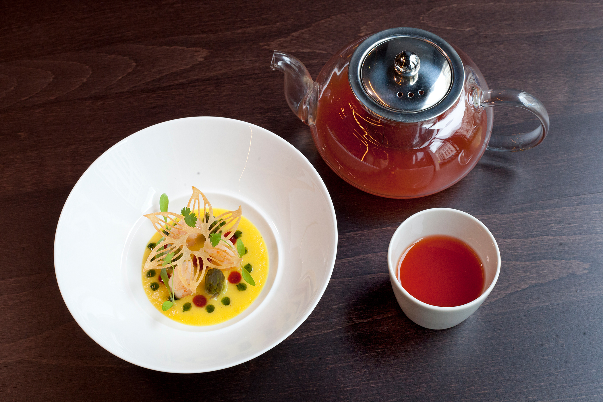 Prawns and asparagus, zeera aloo espuma, tomato rasam