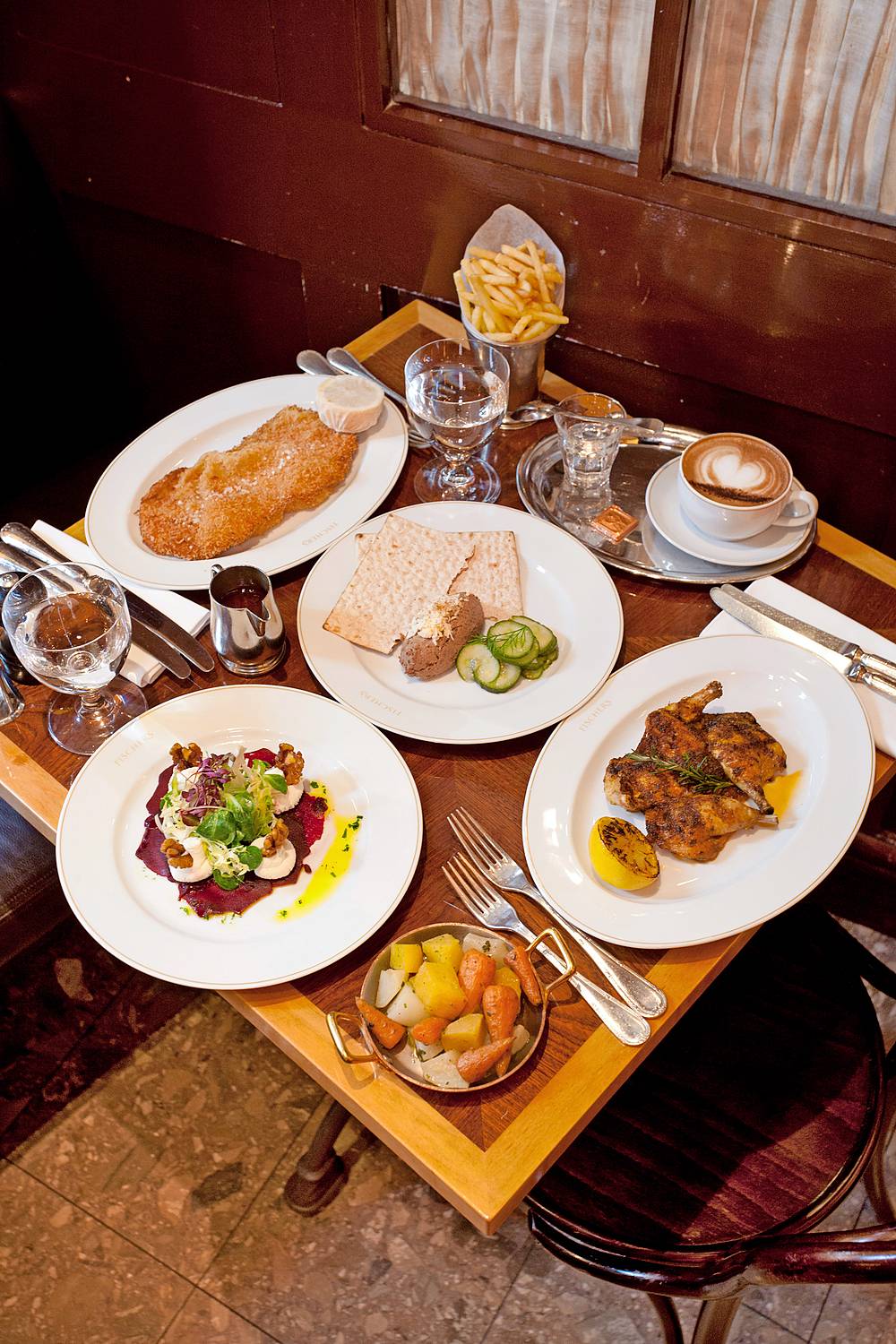 Simon ate chopped liver and dill pickles, £11.50; wiener schnitzel with jus Parisienne, £33.50; root vegetables, £5.75. Rachel ate roast beetroot salad, £14.50; grilled spatchcock chicken, £23.50; fries, £5.95. They shared a bottle of sparkling mineral water, £3.95. Rachel drank a glass of Melange, £5.25.  Fischer’s, 50 Marylebone High Street, London W1, Tel 020 7466 5501.