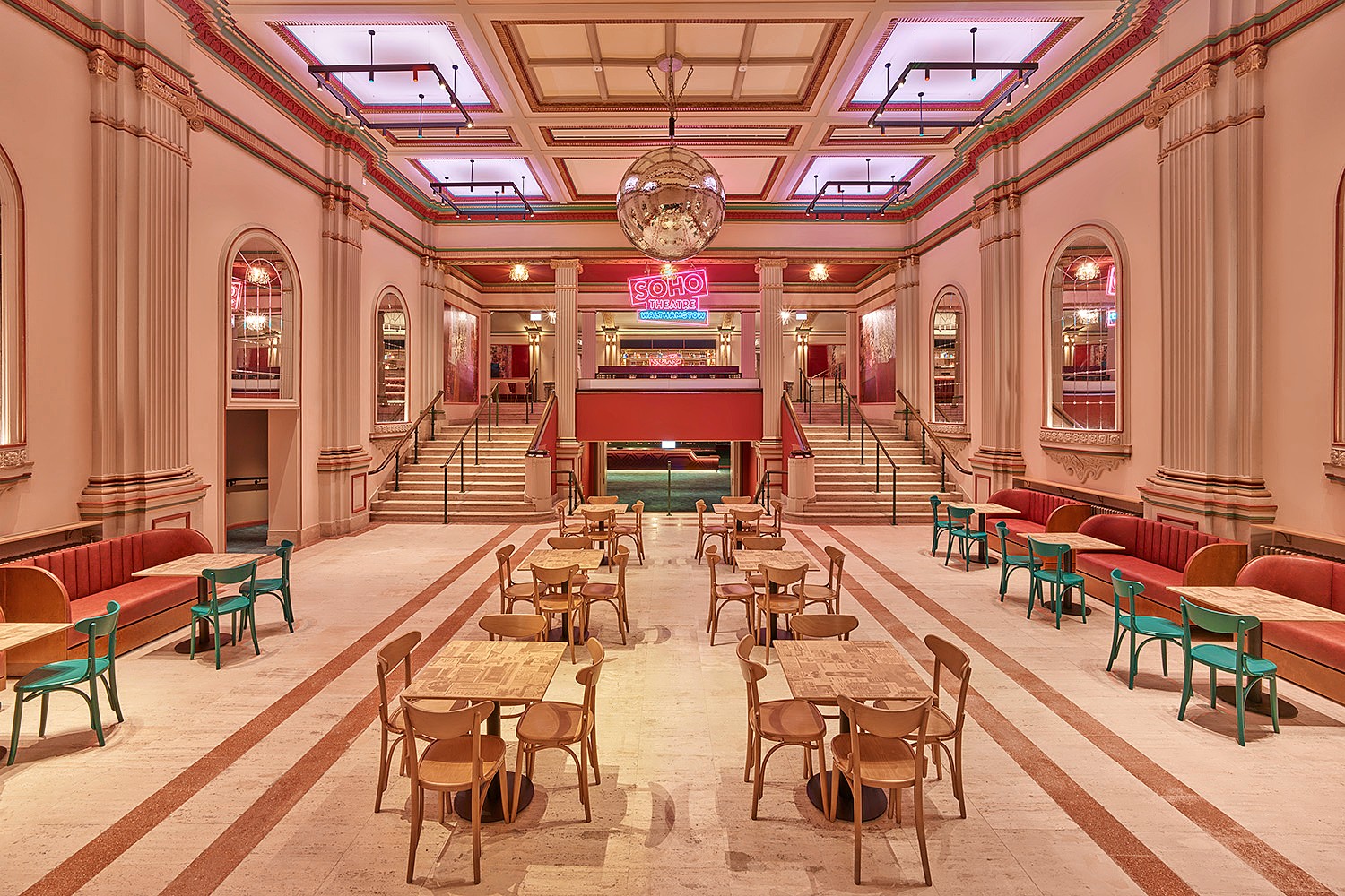 The foyer, featuring a large mirror ball