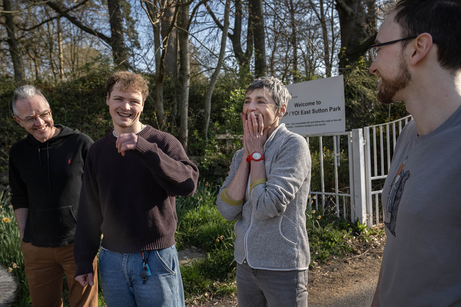 Lou Lancaster with her ex-husband Tim and sons Theo and Tristan after being released  from HMP/YOI East Sutton Park in Kent on 8 April. Tom Pilston/The Observer