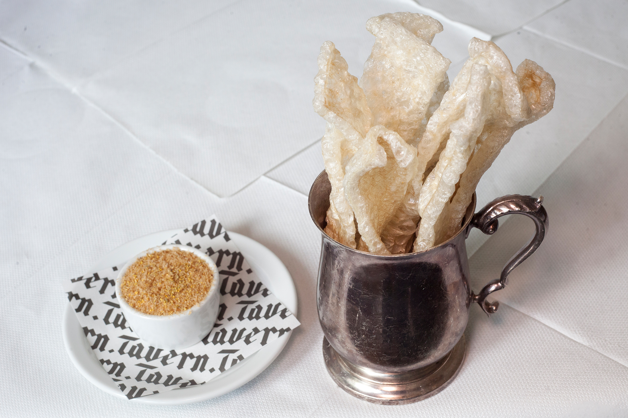 Smoked cods roe and pigs skins.