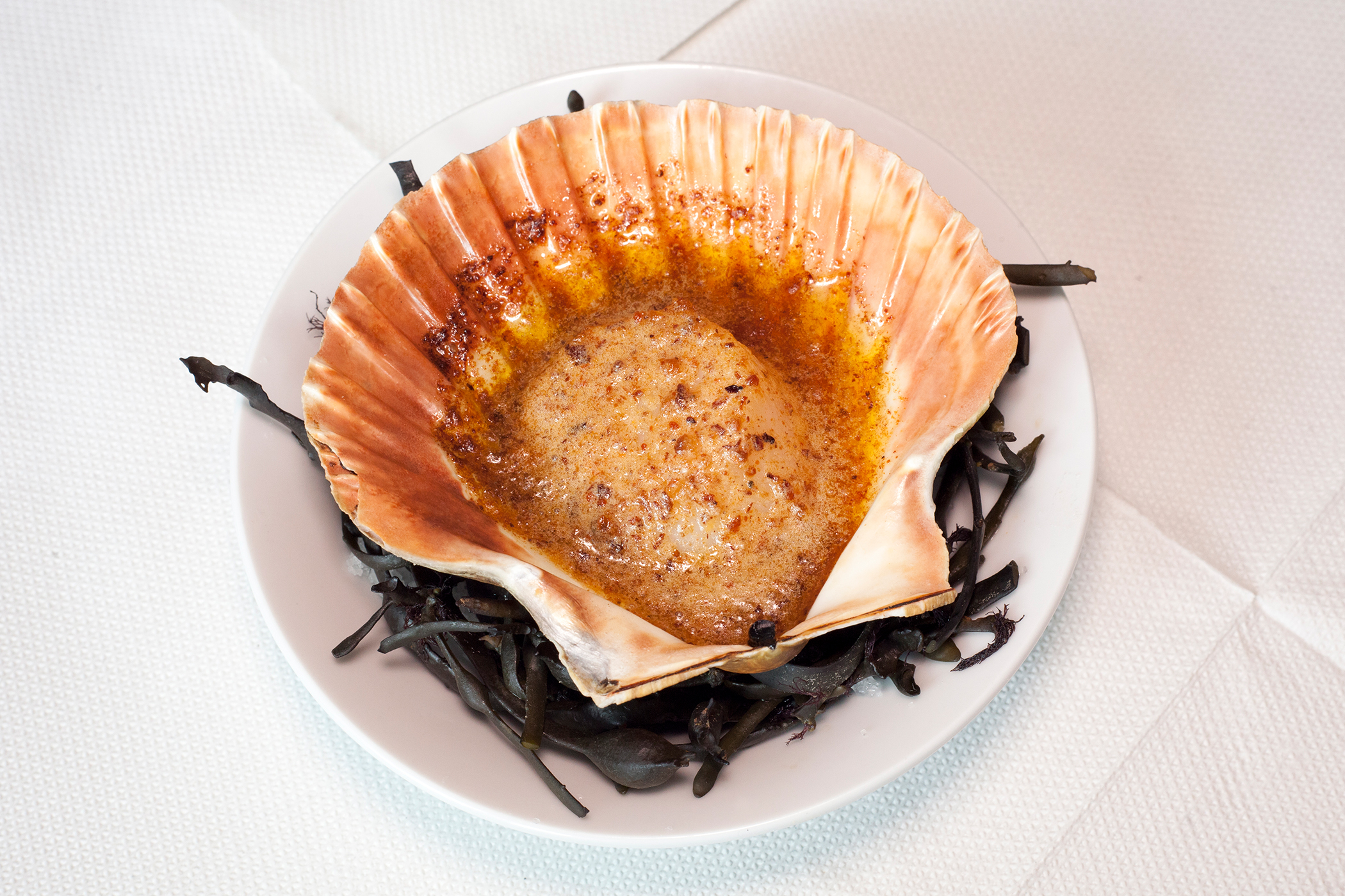 Baked Isle of Skye scallop & cobnut XO.