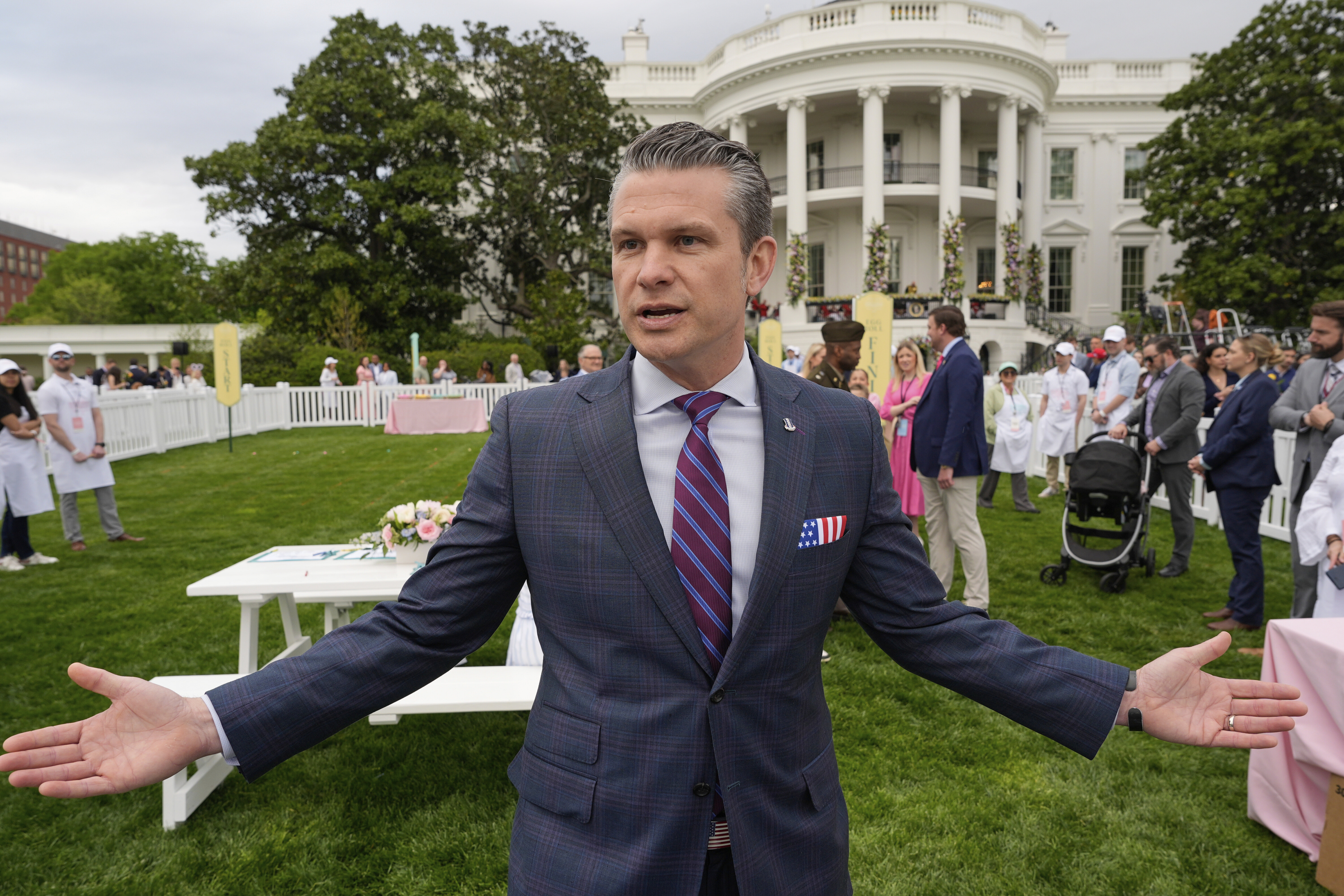 Pete Hegseth, the Defence Secretary, under fire for his running of the Pentagon, in the White House garden at Easter.  Alex Brandon/AP