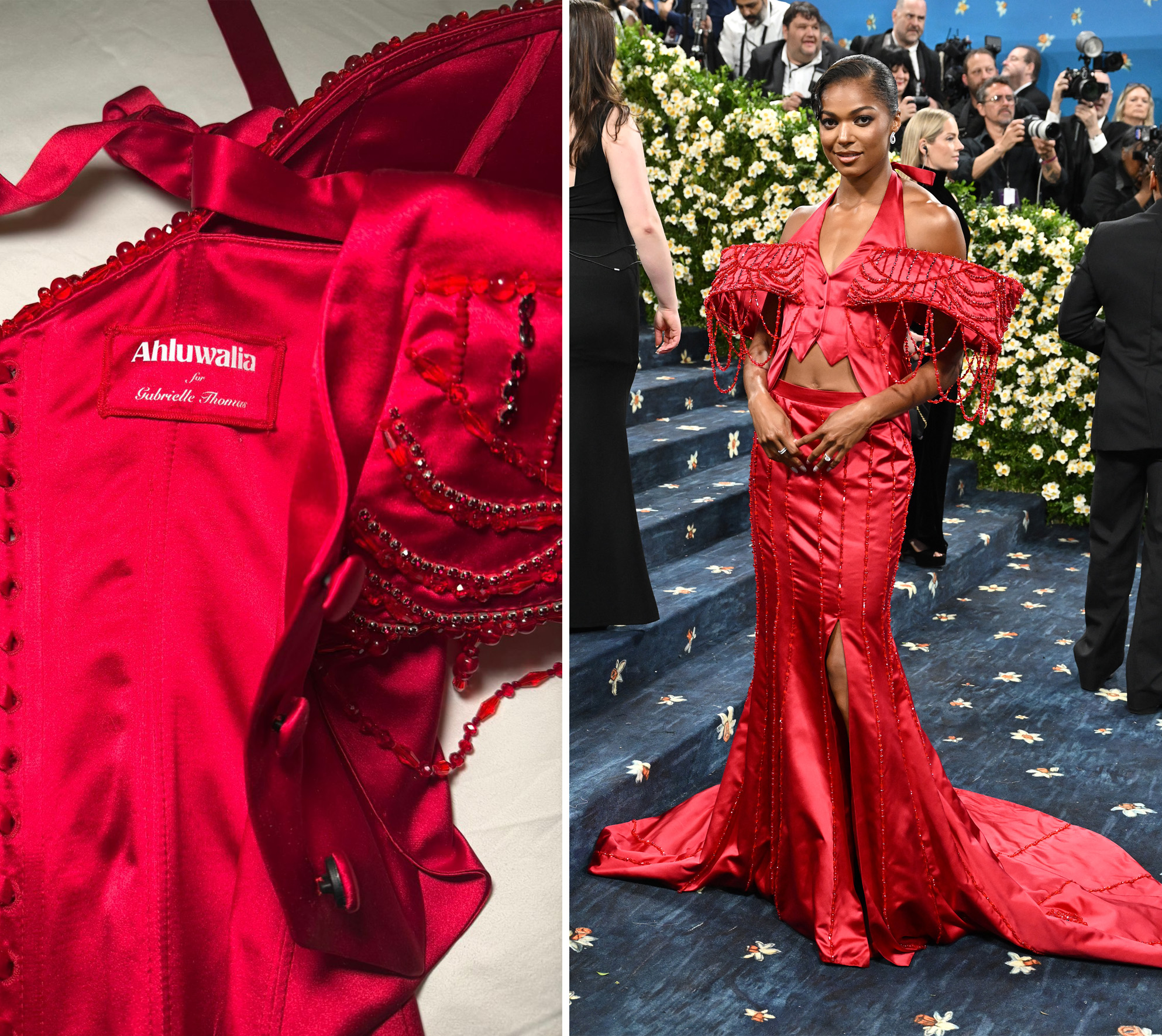 The colour of Gabby Thomas’s outfit was inspired by Jacob Lawrence’s Harlem Renaissance paintings.  Composite via Ahluwalia and Getty Images