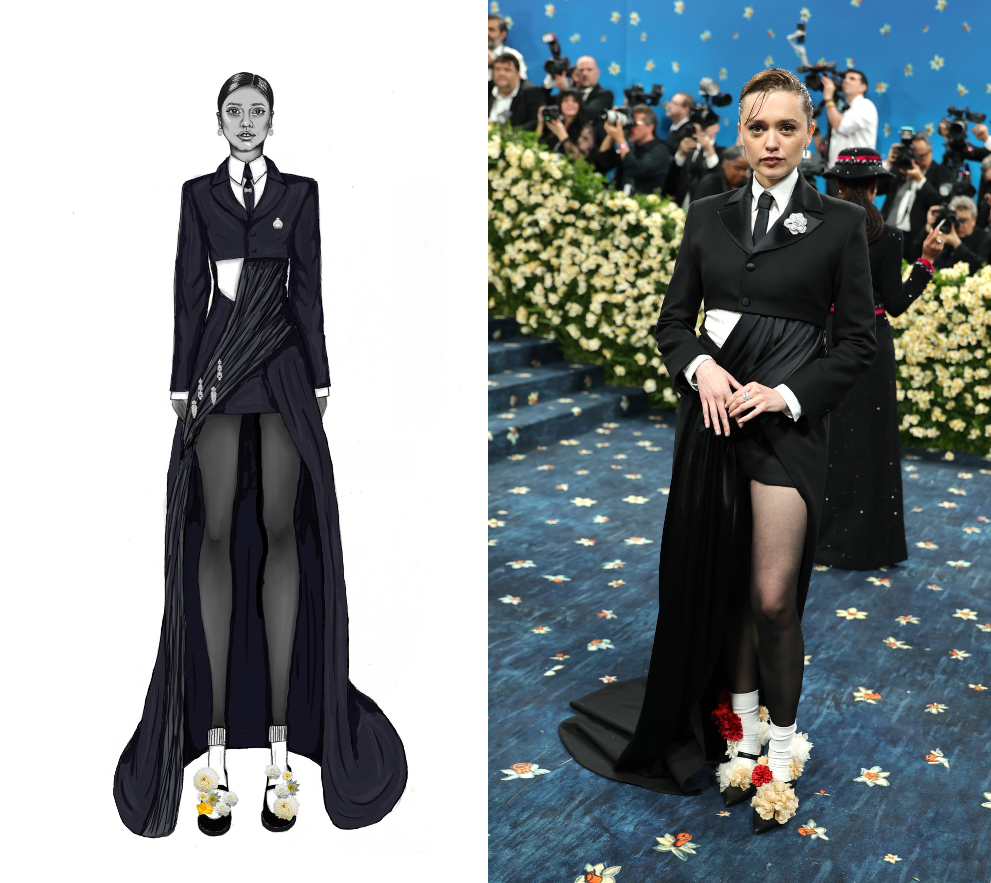 Priya Ahluwalia’s sketch of Aimee Lou Wood’s outfit, and the final look.  Composite via Ahluwalia / Getty Images