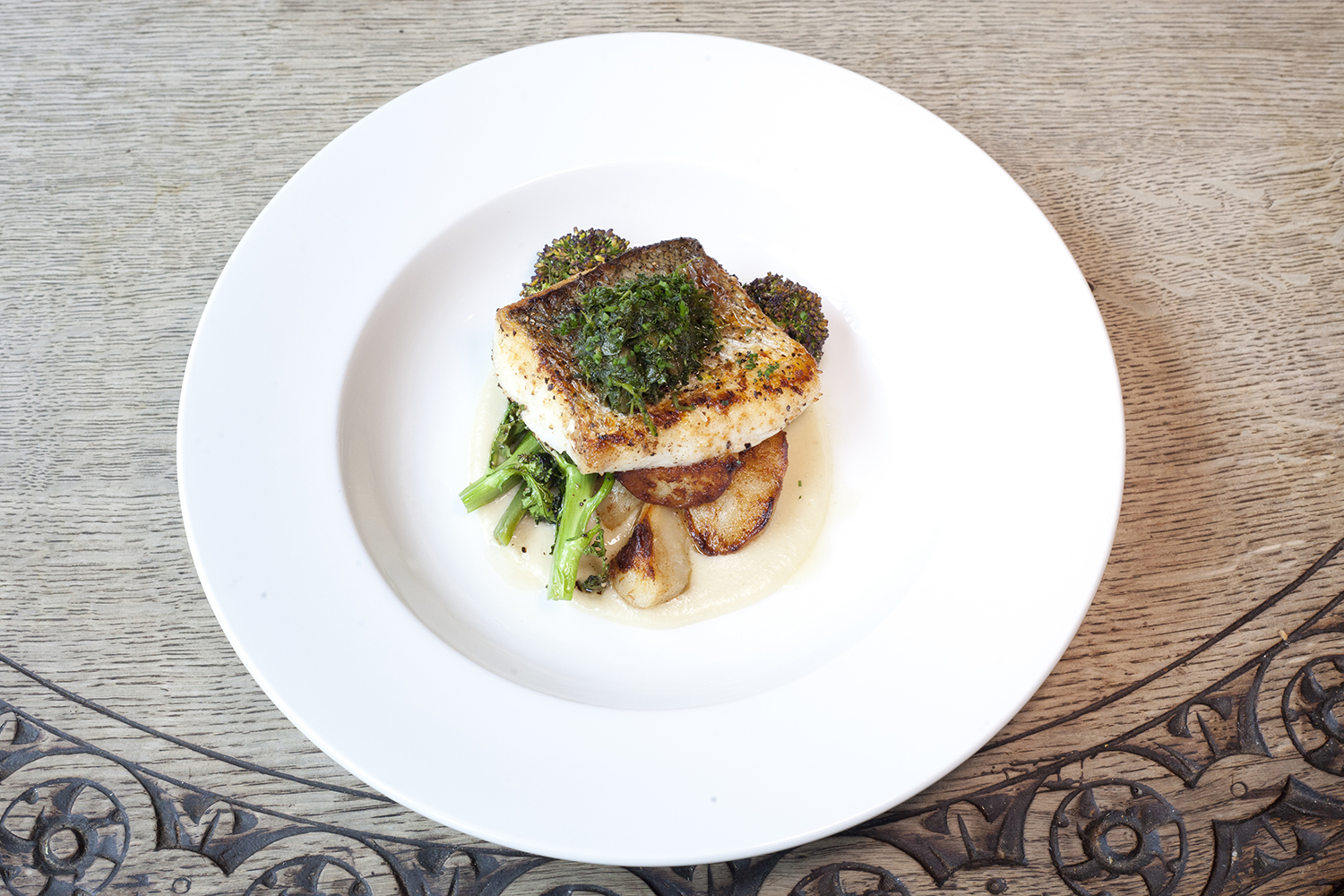 ‘Plentiful and pretty’: aake with salsa verde, Jerusalem artichoke and purple sprouting broccoli