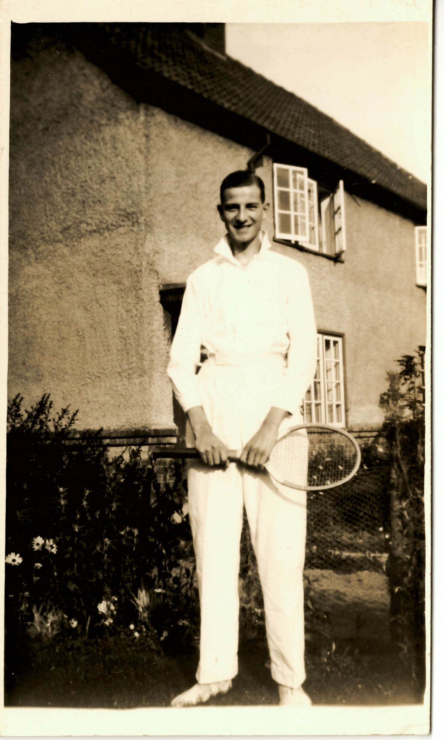 Arthur Dyer, Geoff’s father, in his tennis whites outside the family home in Shurdington
