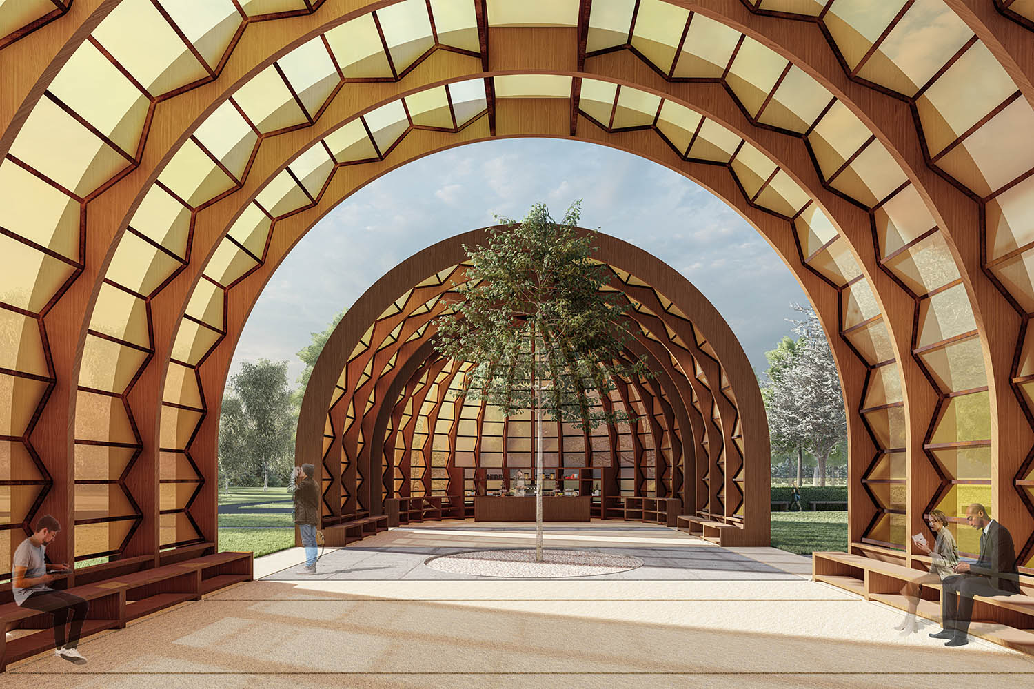 A CGI of Tabassum’s Serpentine pavilion, A Capsule in Time, which ‘explores the edge of inside and out’