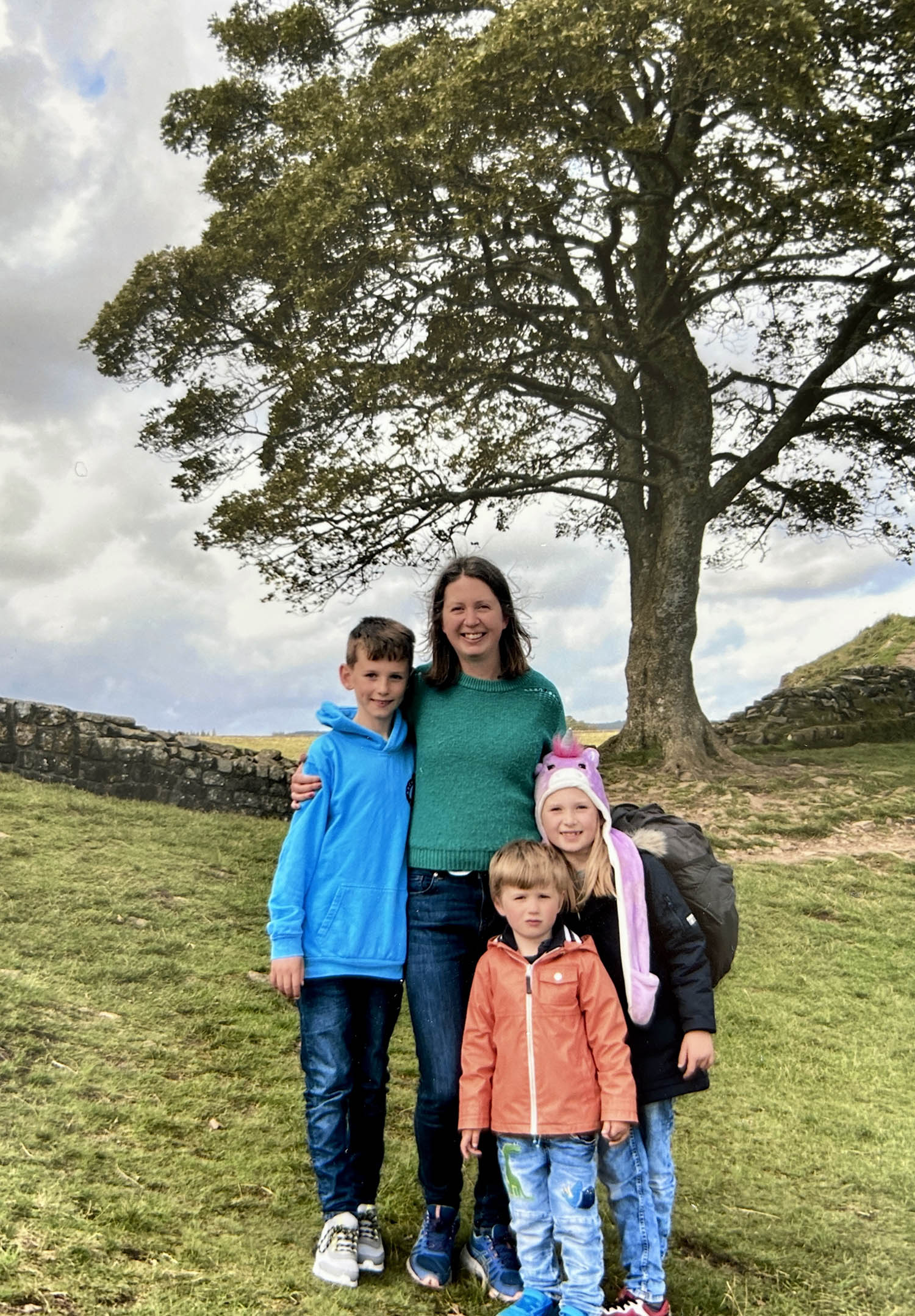 Writer Andrew Hankinson’s family at the Sycamore Gap tree, where he proposed to his wife