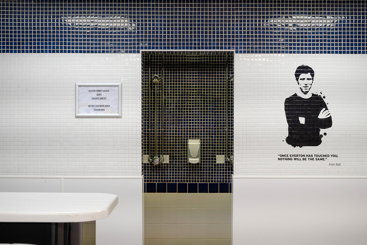 ‘Once Everton has touched you, nothing will be the same’ ­– the home team dressing room has a picture of former player Alan Ball, with his famous quote