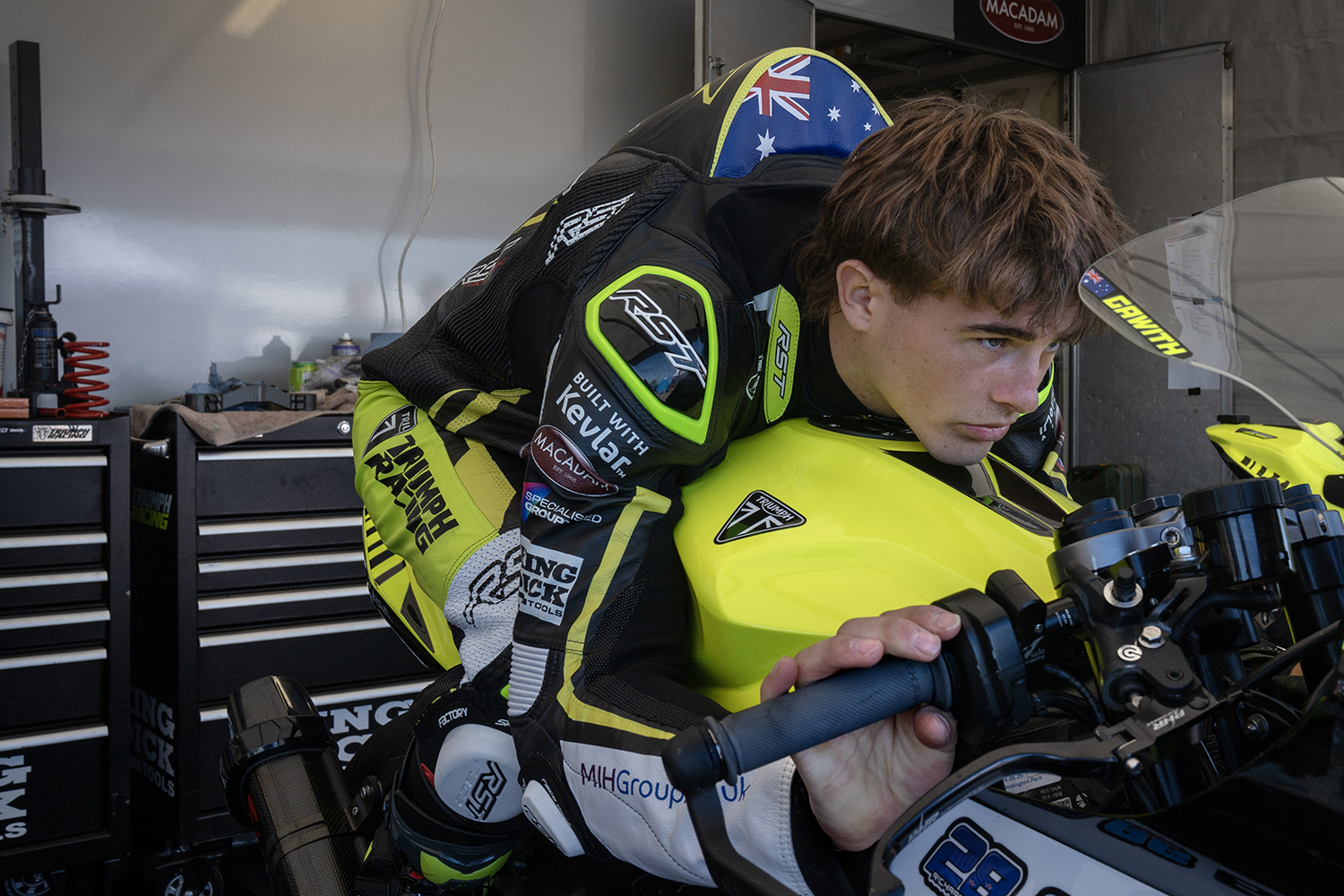Macadam Triumph rider Brodie Gawith during a practice session at Donington Park