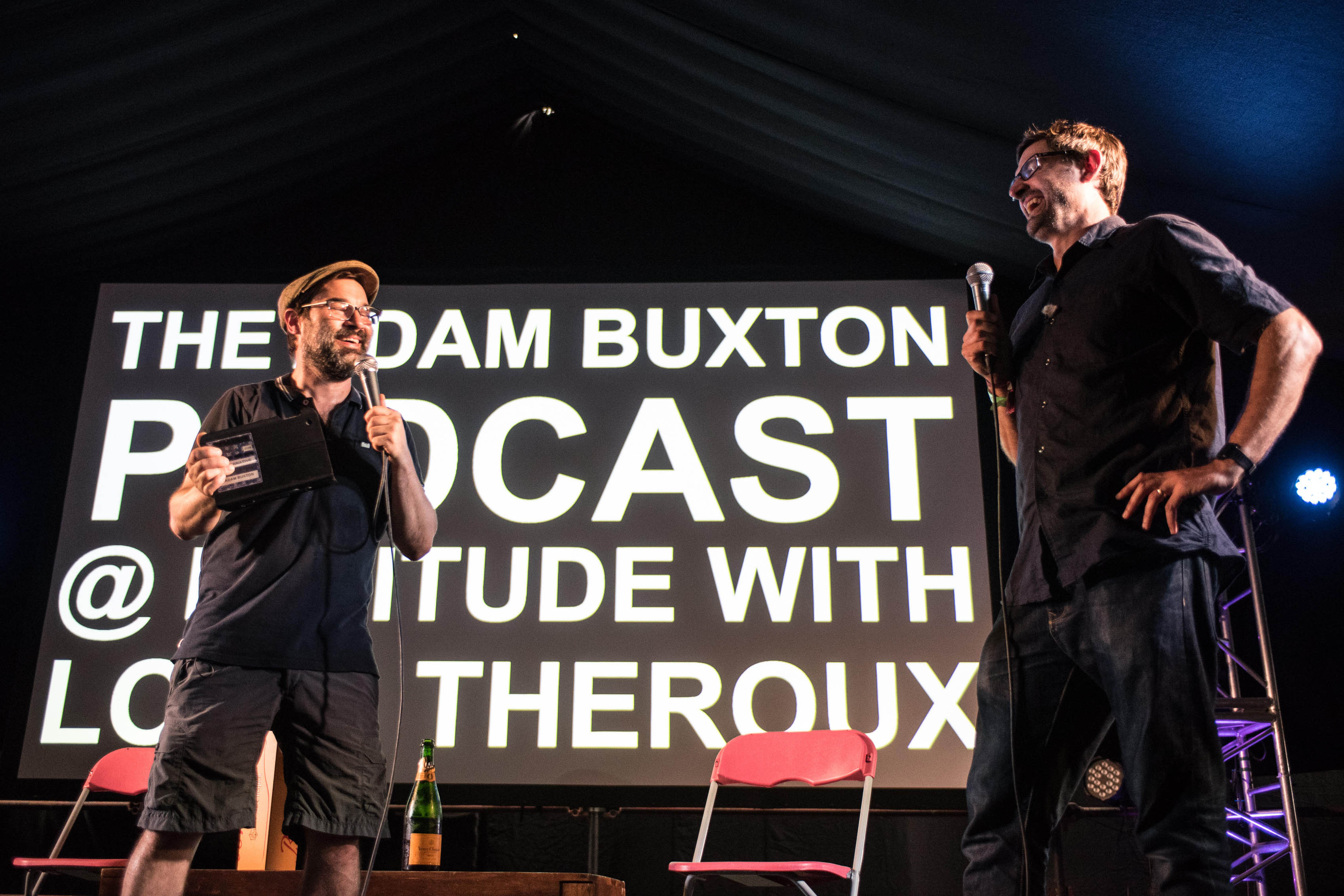 Joking-not joking rivalry: Buxton with Louis Theroux on the Adam Buxton podcast at Latitude, 2016
