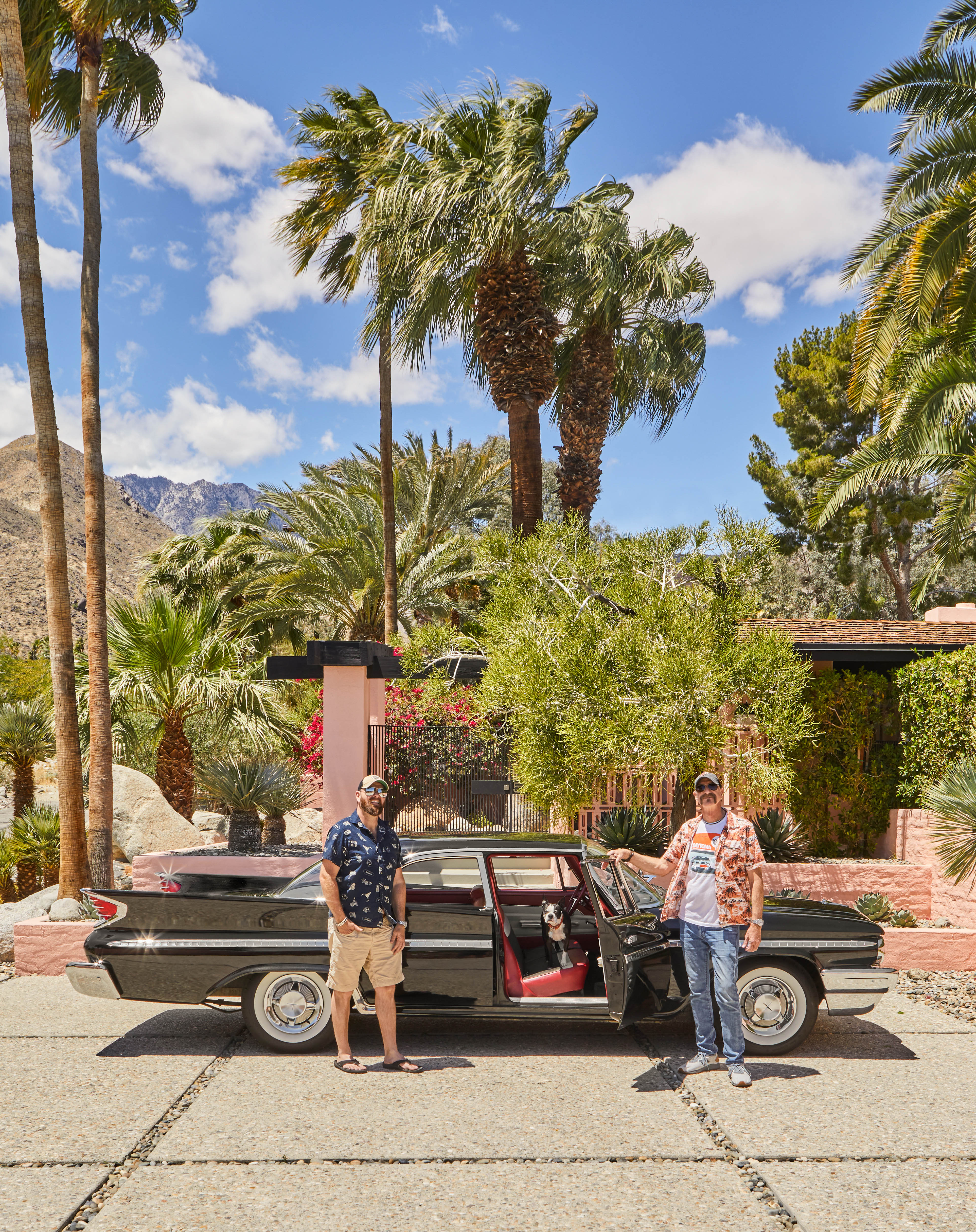 Driving passions: homeowners Bill Stewart (right) and husband Joe Gyori with one of their classic cars