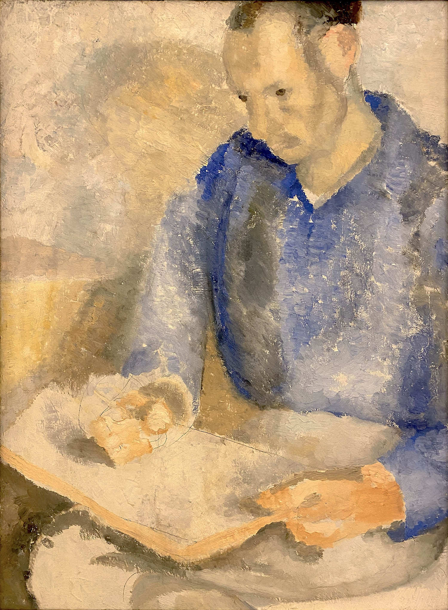 Ben in Blue, 1926, by Winifred Nicholson, a portrait of her husband drawing, ‘his eyes fixed on something just out of the frame’