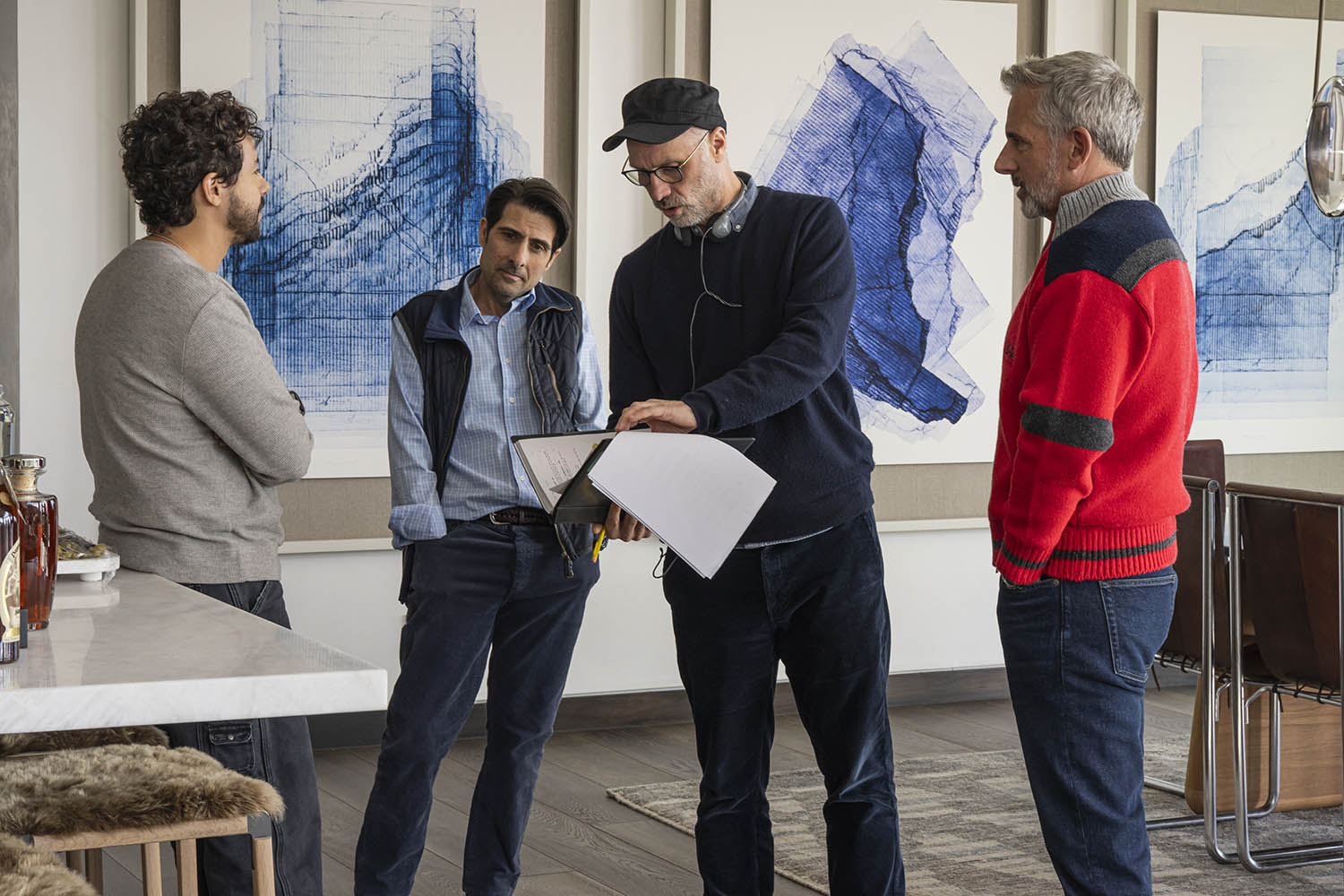 Armstrong, centre right, with Youssef, Schwartzman and Carell on set
