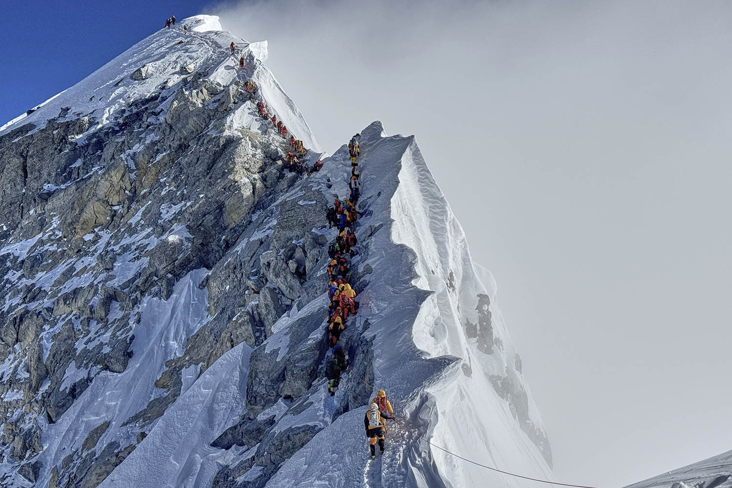 It’s rush-hour gridlock as mountaineers queue for the summit.
