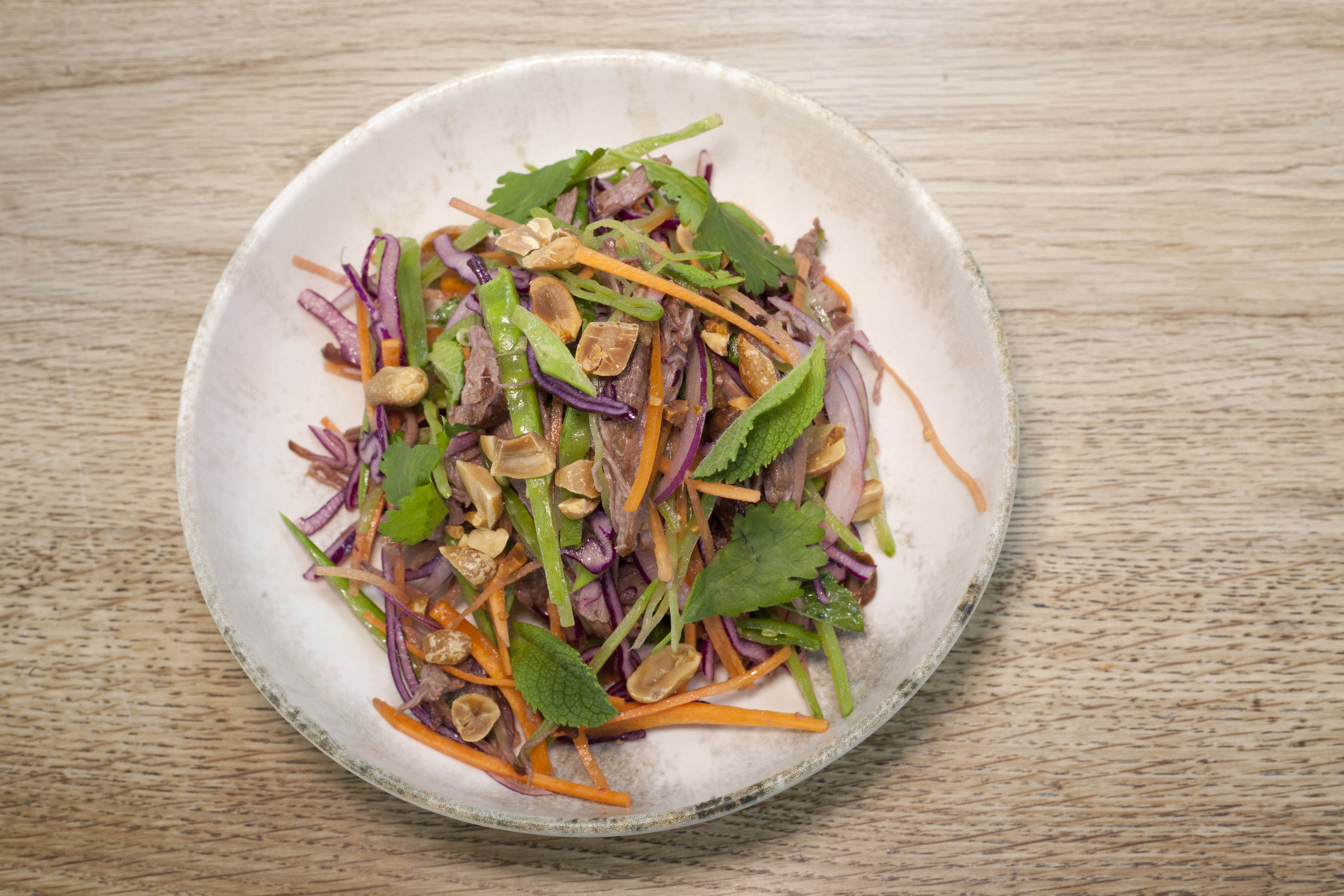 ‘Gorgeous. Lawn-clipping freshness of mint ripping through its zesty fibres’: beef featherblade salad with fine slaw and peanuts