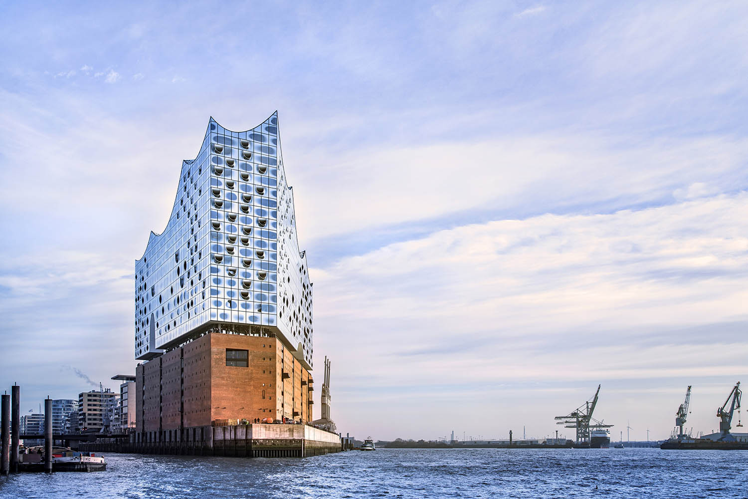 The exterior of the Elbphilharmonie, seen from the river