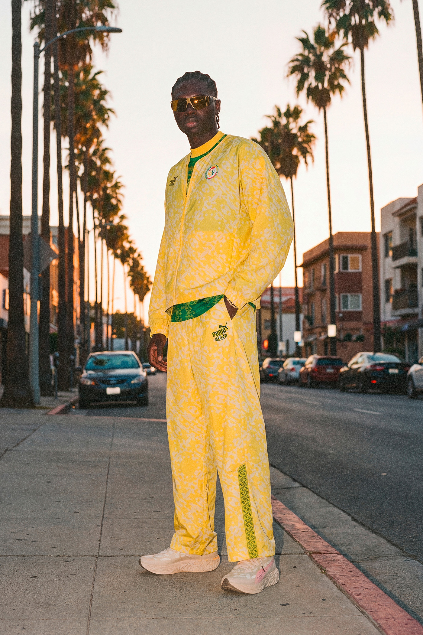 Back of the net: Puma worked with designer Salehe Bembury on the Trvl Wear collection, which was inspired by the colours and patterns of the goalkeeper kits worn by Puma’s national federations. Translated onto off-field casualwear, expect tracksuits and tees informed by archival Puma King designs. Track pants, £115 and track top £140, Puma