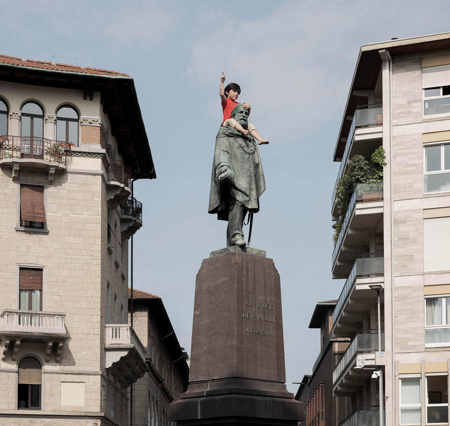 One, an installation in Maurizio Cattelan’s Seasons exhibition, features a sculpture of a boy atop a statue of Giuseppe Garibaldi