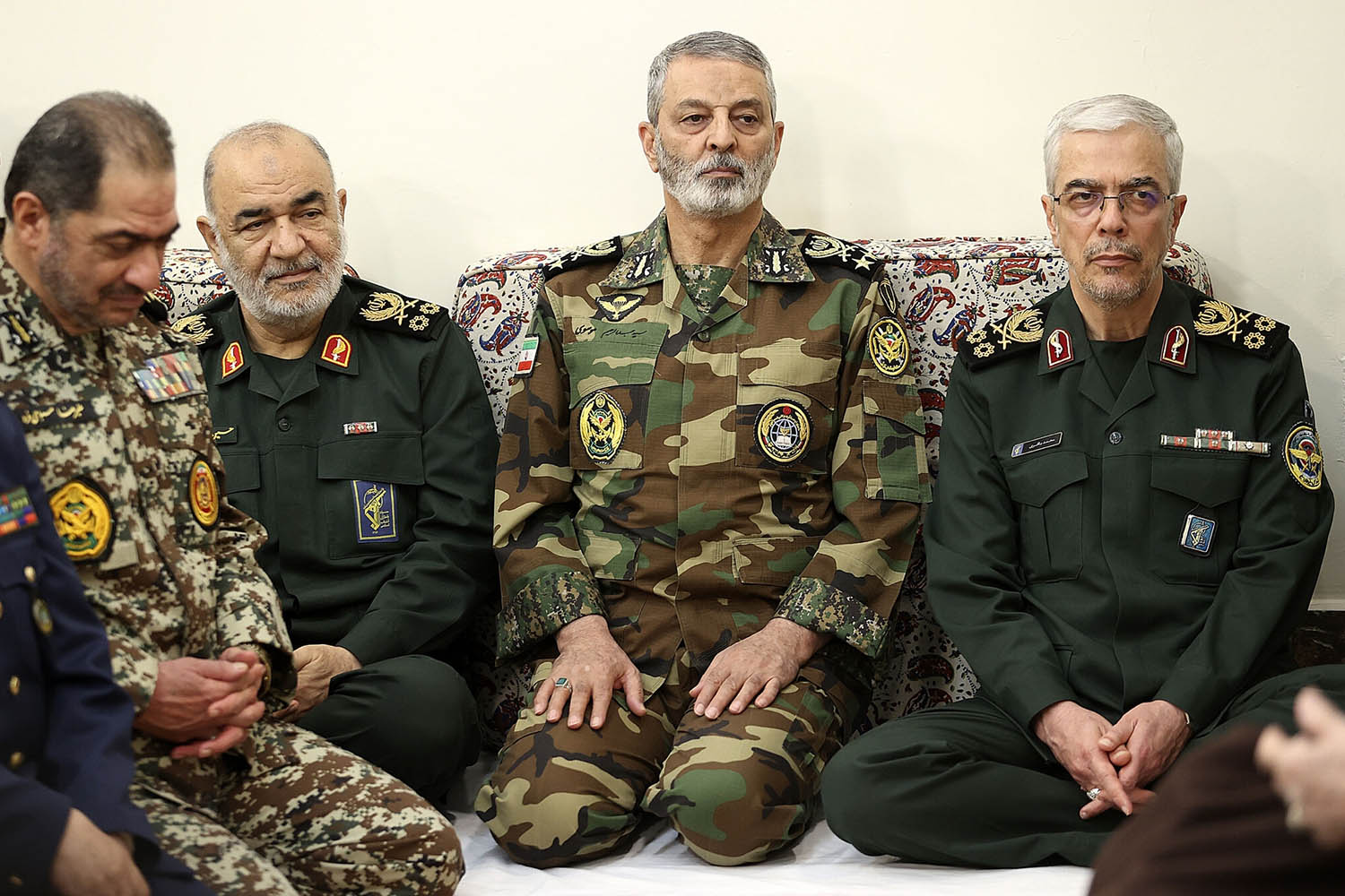 Commander-in-chief of the IRGC, Hossein Salami, second left, and Iran's chief of general staff Mohammad Bagheri, far right, are among the Iranian military chiefs killed in the Israeli attack. Getty