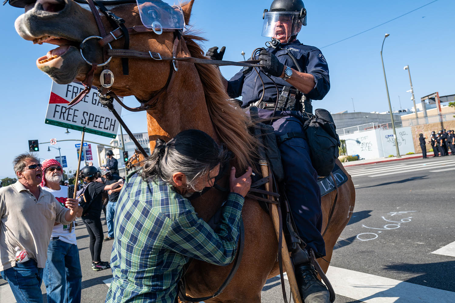LAPD officers on horseback clash with protesters during protests after a series of immigration raids on 8 June in Los Angeles