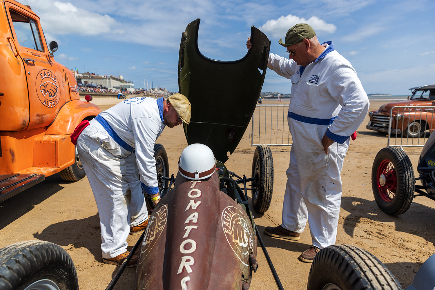 A belly tanker hotrod is checked over before hitting the track.