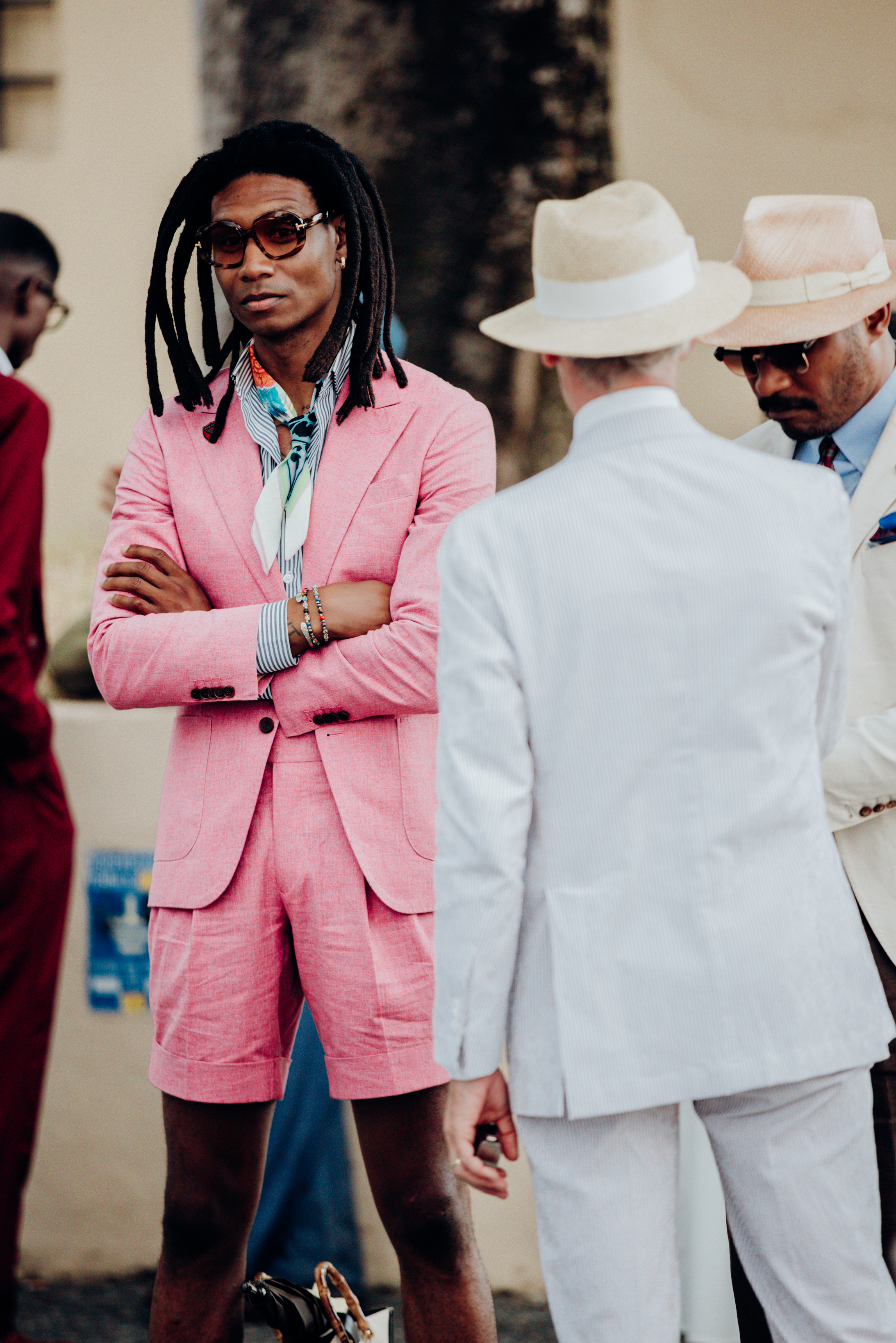 Quentin Stayfly, tailor, wearing a shorts suit from his own label Thrash Bespoke