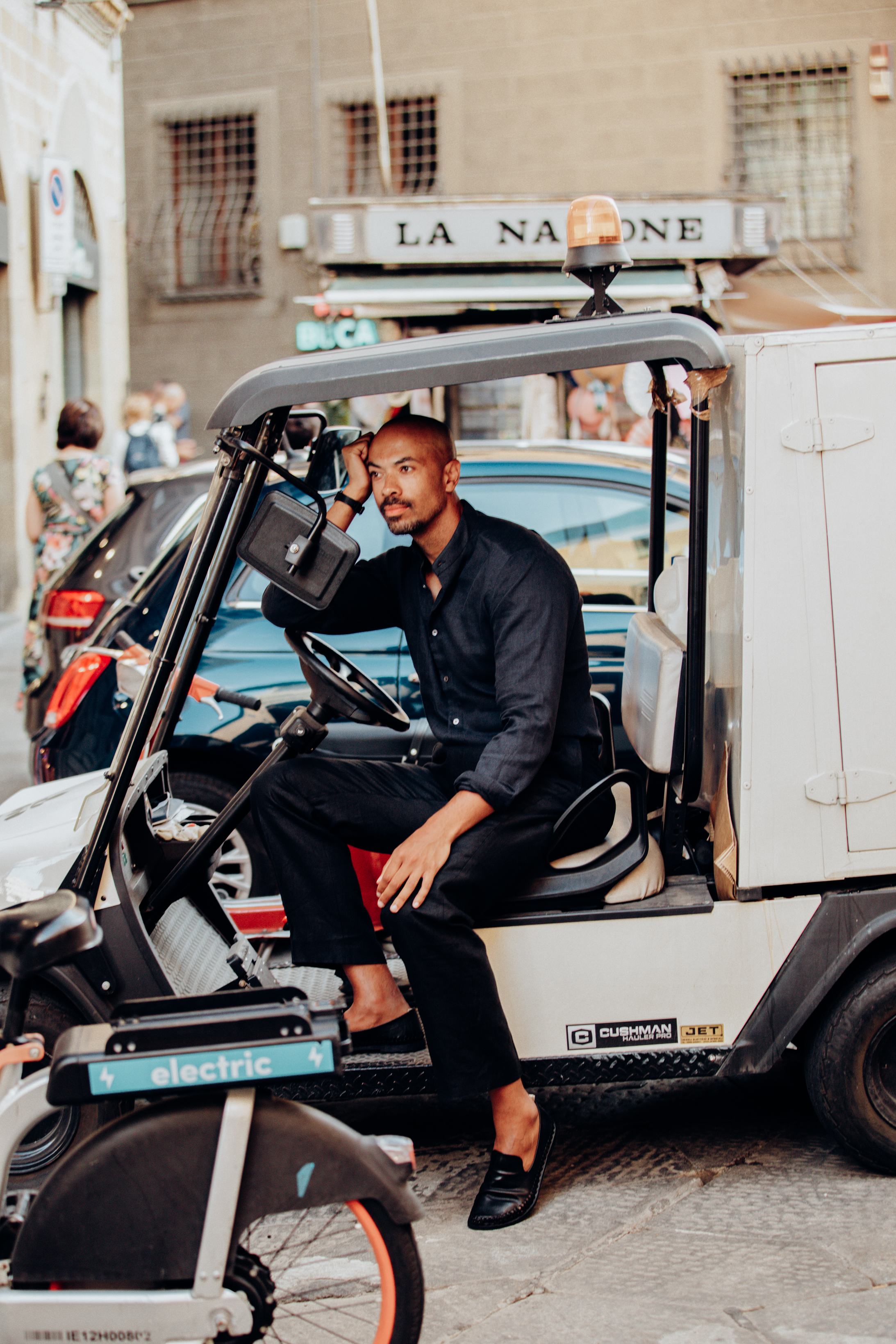 Jonathan Alexander Edwards, creative director, wearing a look by 100 Hands