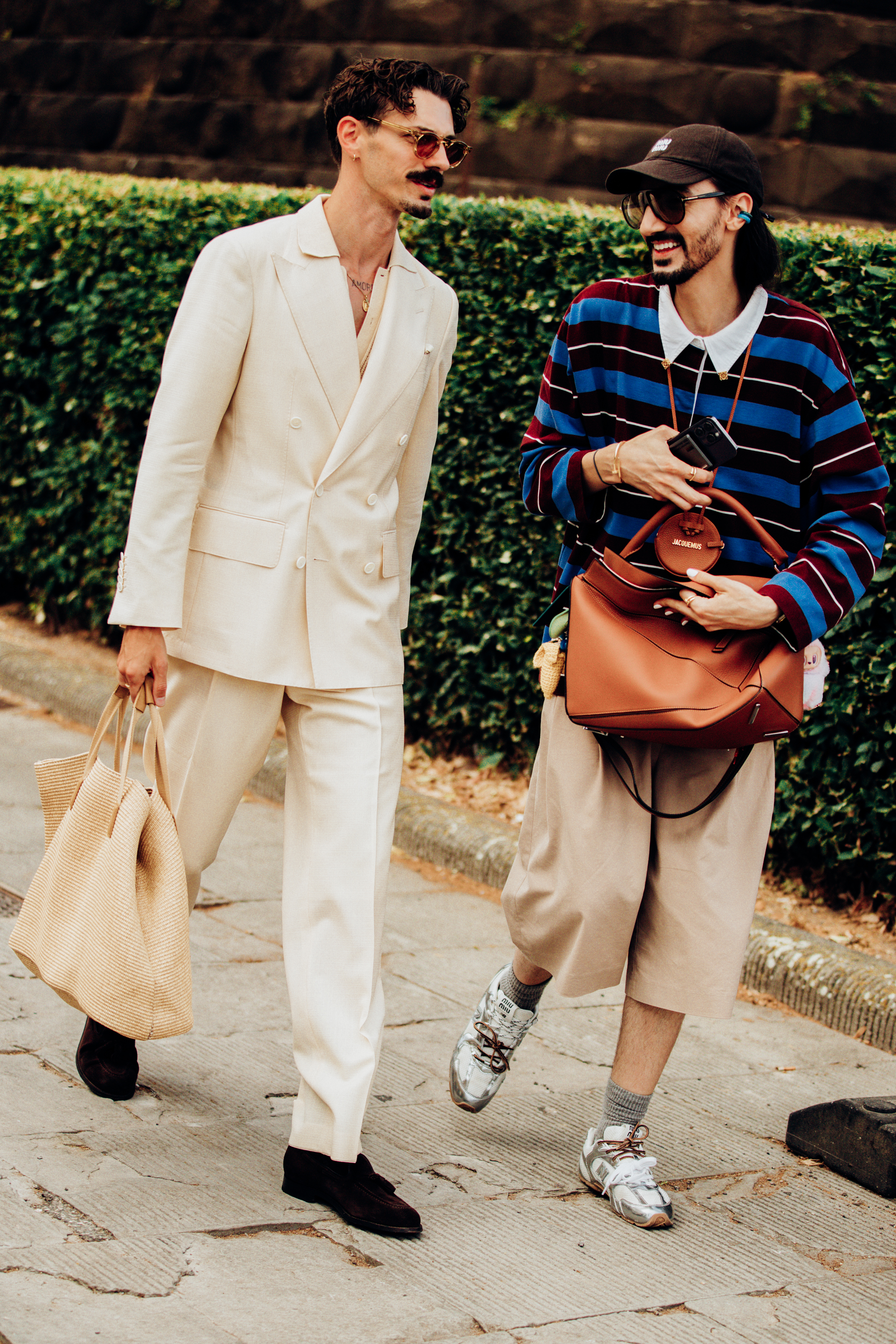 Cream tailoring and a loose fit offer two ways to dress stylishly in the heat