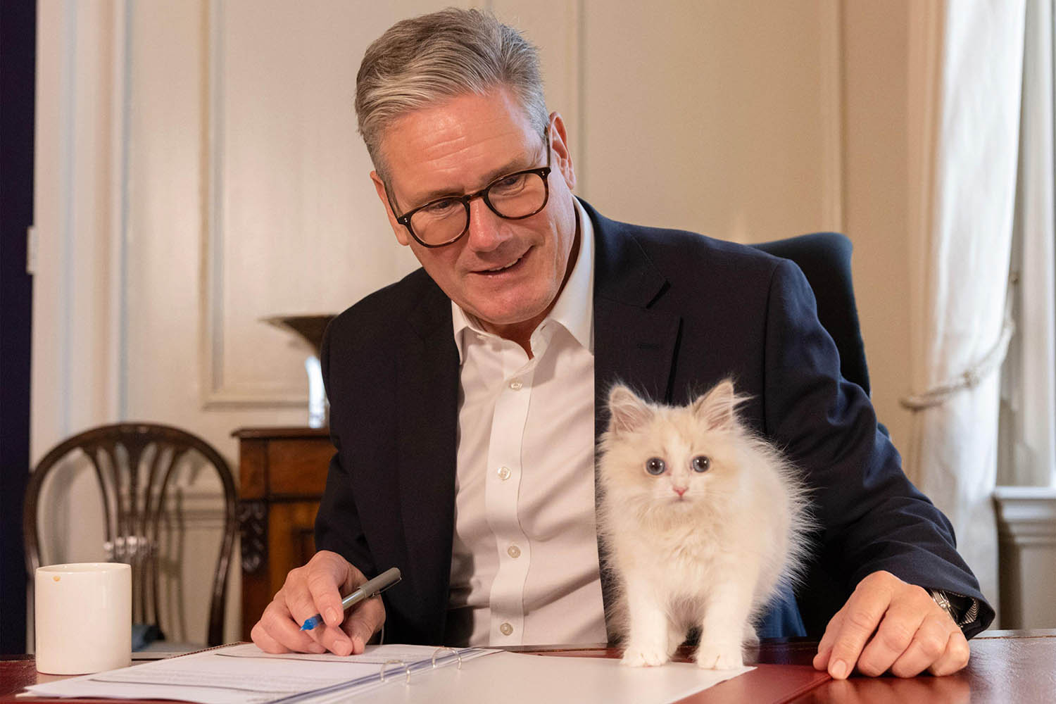 June: The PM sits at his desk in Downing Street with new kitten, Prince