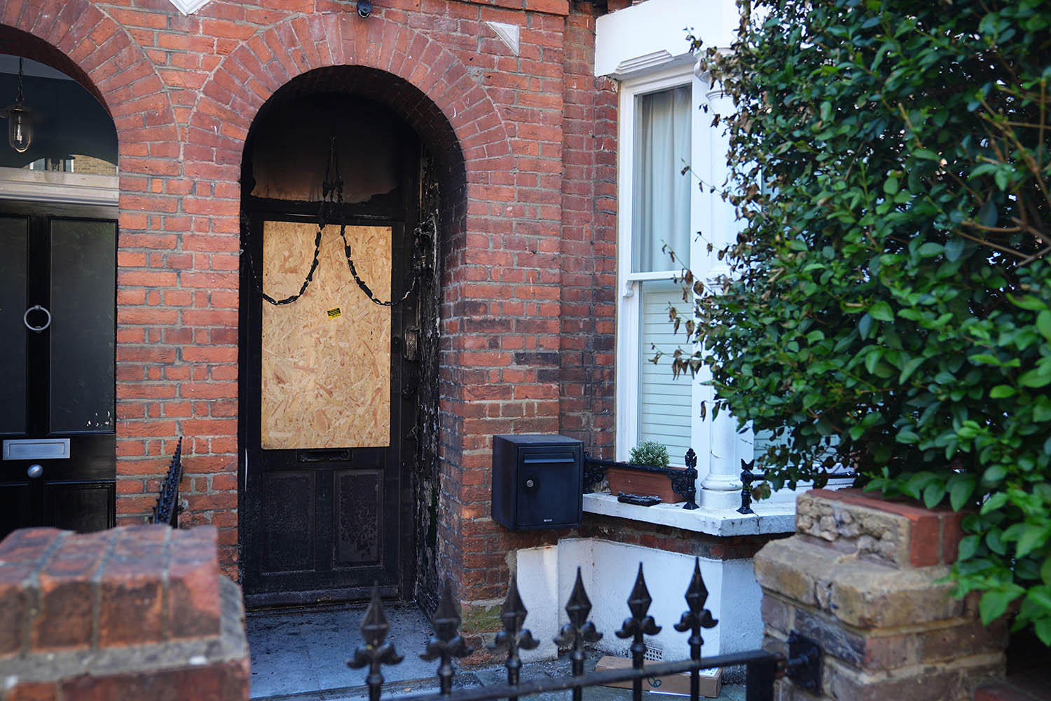 May: The front door of the PM’s former London home after an arson attack