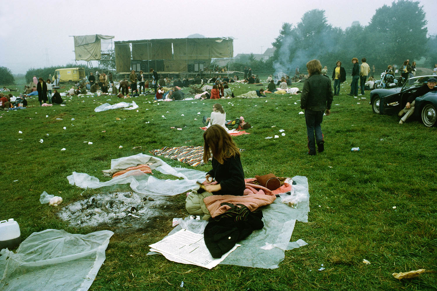 The main stage and audience between sets at the first Glastonbury Festival, in September 1970