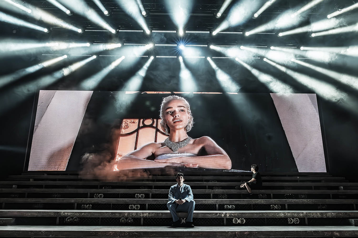 Woman of the people: Rachel Zegler’s Evita is projected into the auditorium from an external balcony