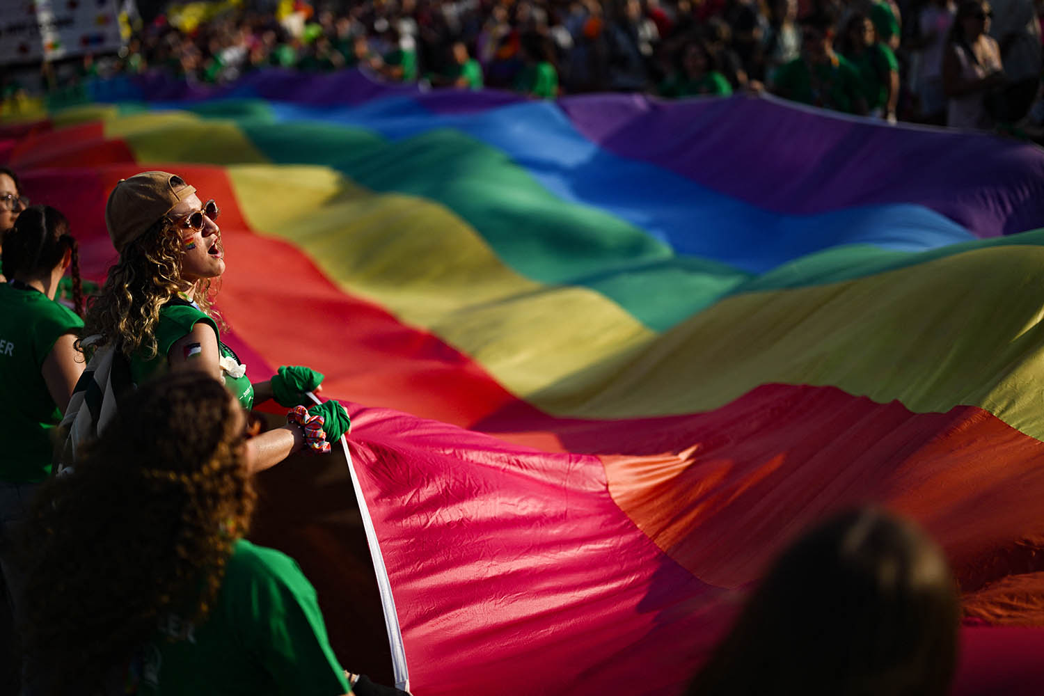 A giant rainbow flag on the streets of Athens on 14 June.