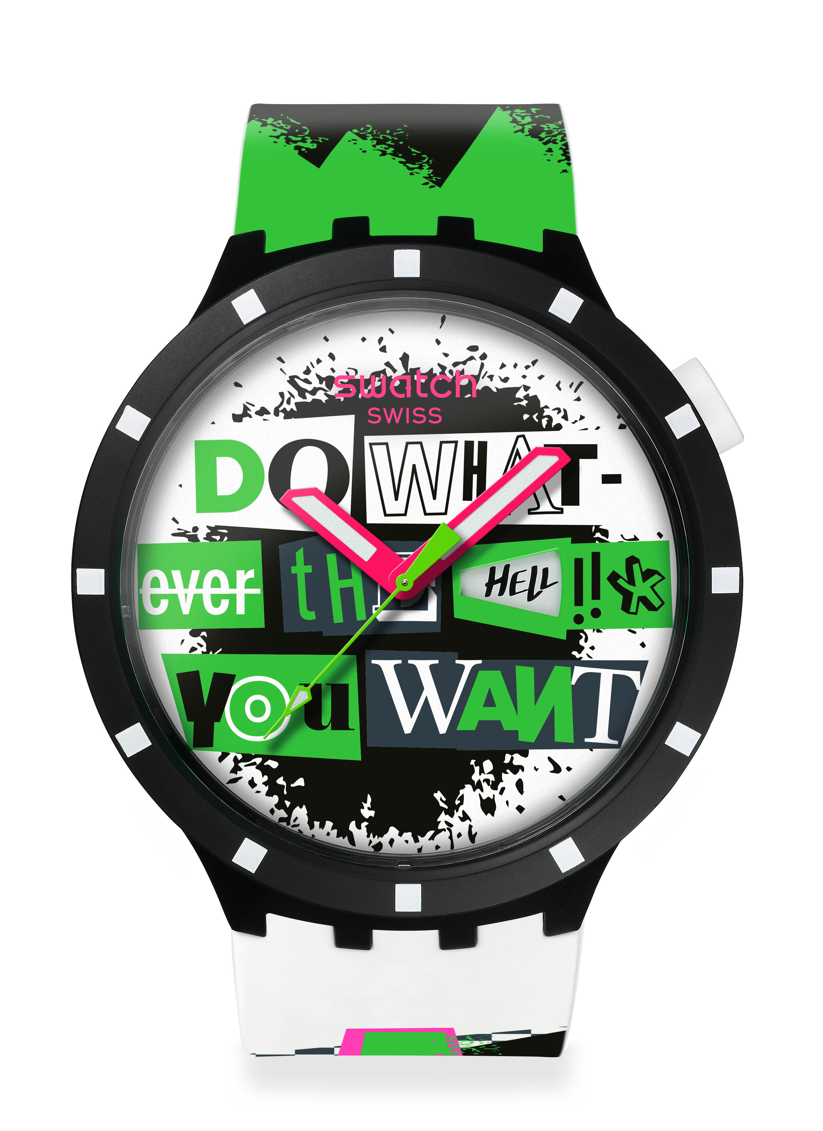 Right on timeSwatch is shaking things up with the launch of the No Rules Collection. The collection features five new models; including Broken Rules style mixes a black studded strap with soft blue accents, with a dial that states “Rules do not apply.” Distort Mode is a riot of electric yellow and pink, designed to disrupt and full of self expression, while Blank Check brings a raw, urban edge with torn paper patterns, plaid and graffiti-inspired graphics. With the addition of SwatchPAY technology, this model also lets you make contactless payments. £77 to £120, swatch.com